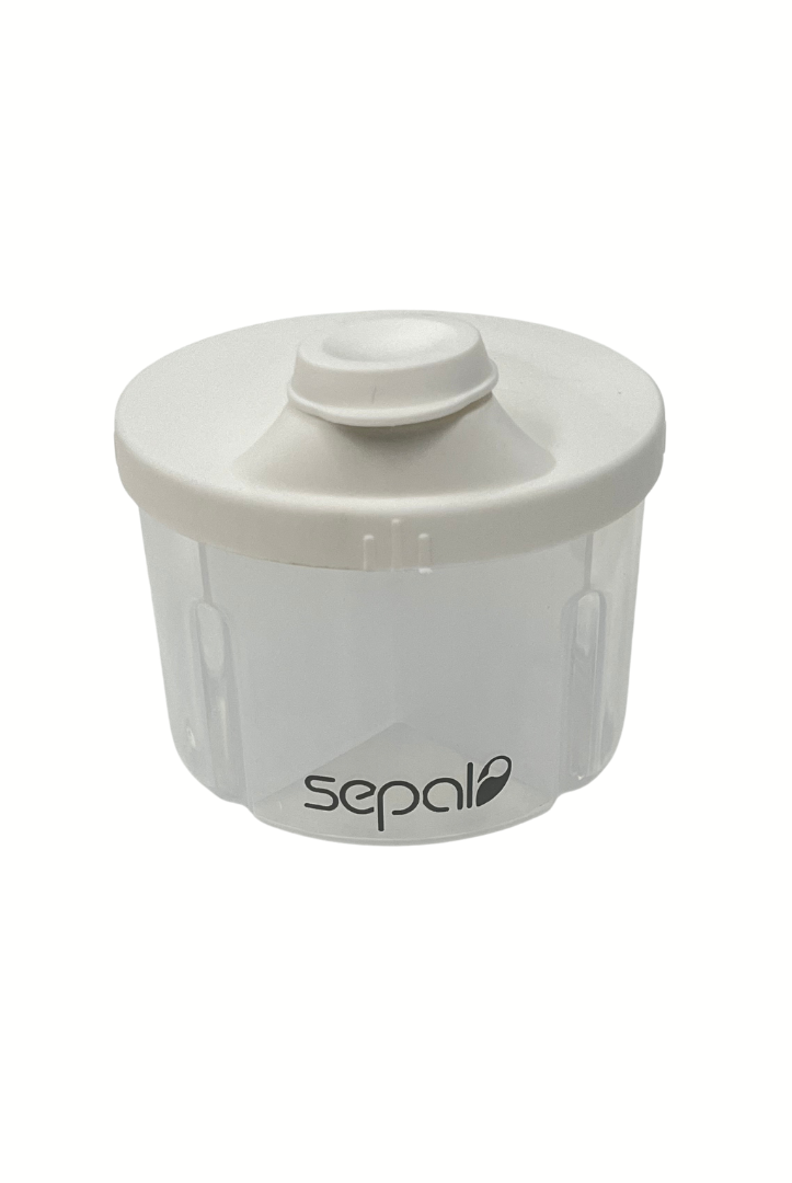 White baby formula container with lid on a white background, featuring the 'sepal' brand.