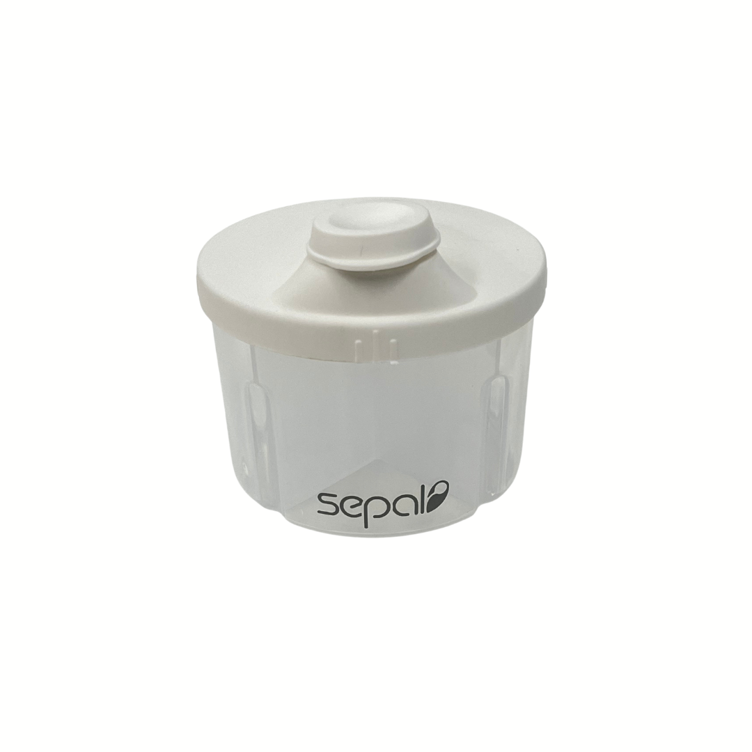 White baby formula container with lid on a white background, featuring the 'sepal' brand.