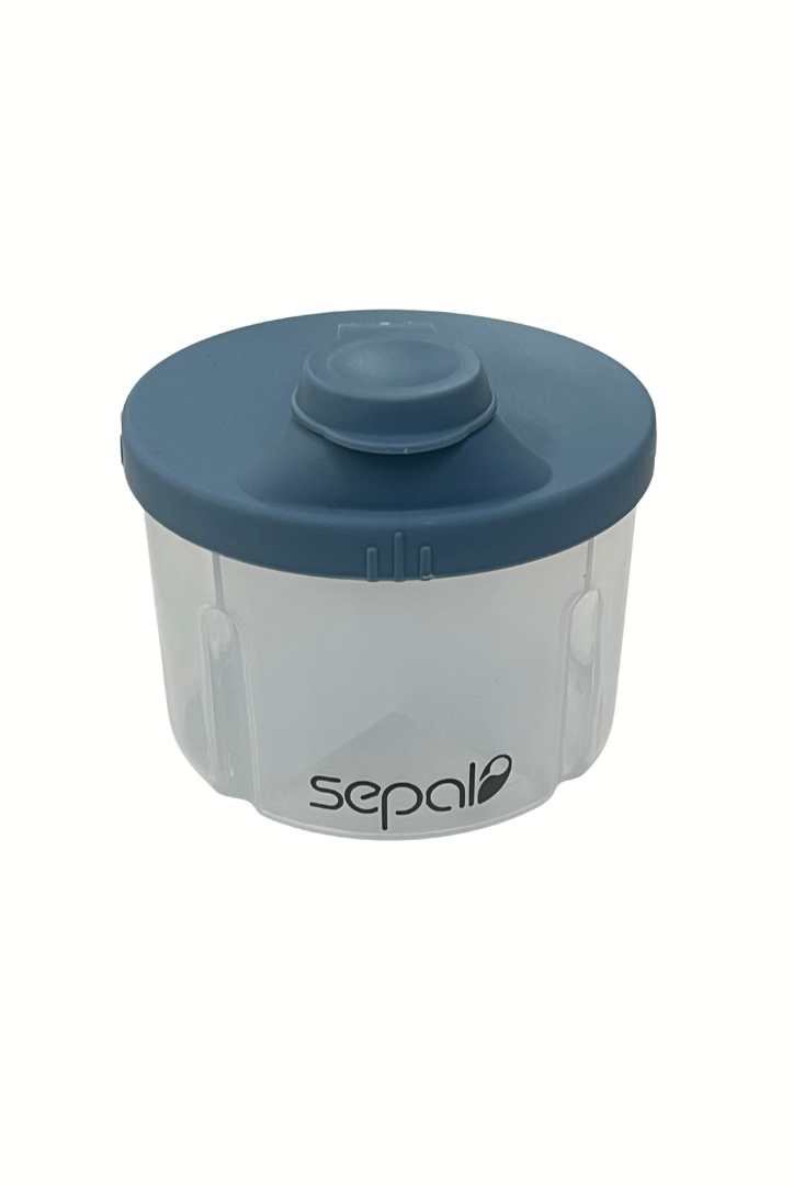 Clear baby formula container with a blue lid on a white background, featuring the 'sepal' brand.
