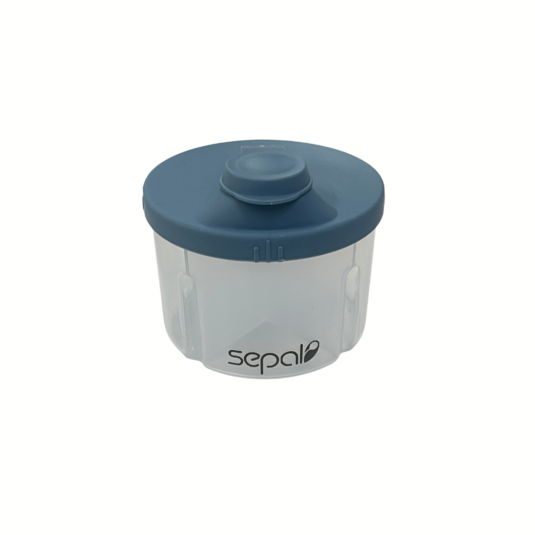 Clear baby formula container with a blue lid on a white background, featuring the 'sepal' brand.