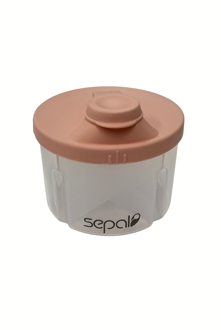 Clear baby formula container with a pink lid on a white background, featuring the 'Sepal' brand.