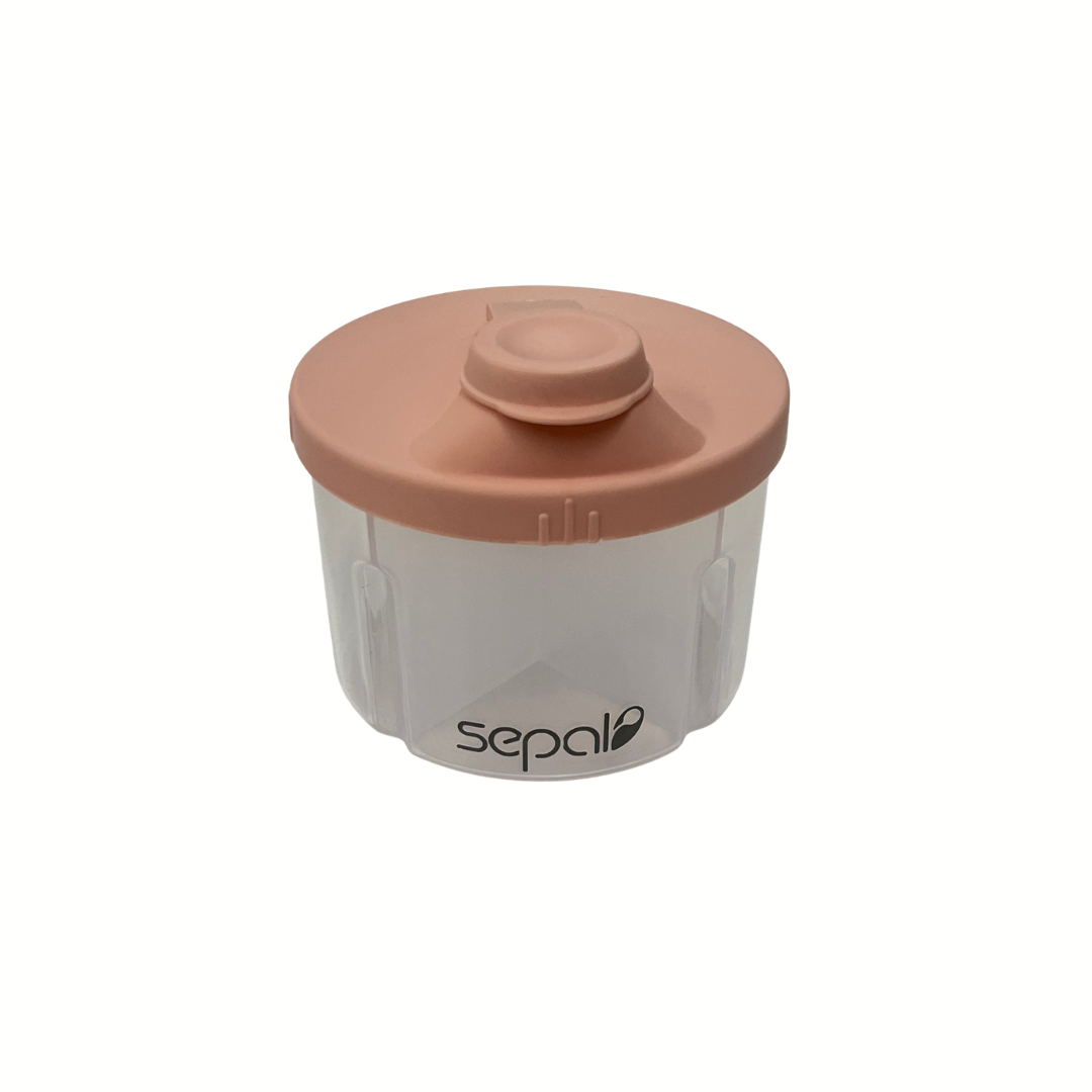 Clear baby formula container with a pink lid on a white background, featuring the 'Sepal' brand.