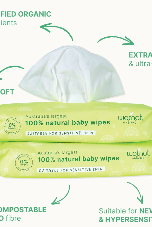 image of open baby wipe packet with text highlighting benefits