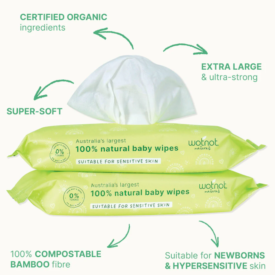 image of open baby wipe packet with text highlighting benefits