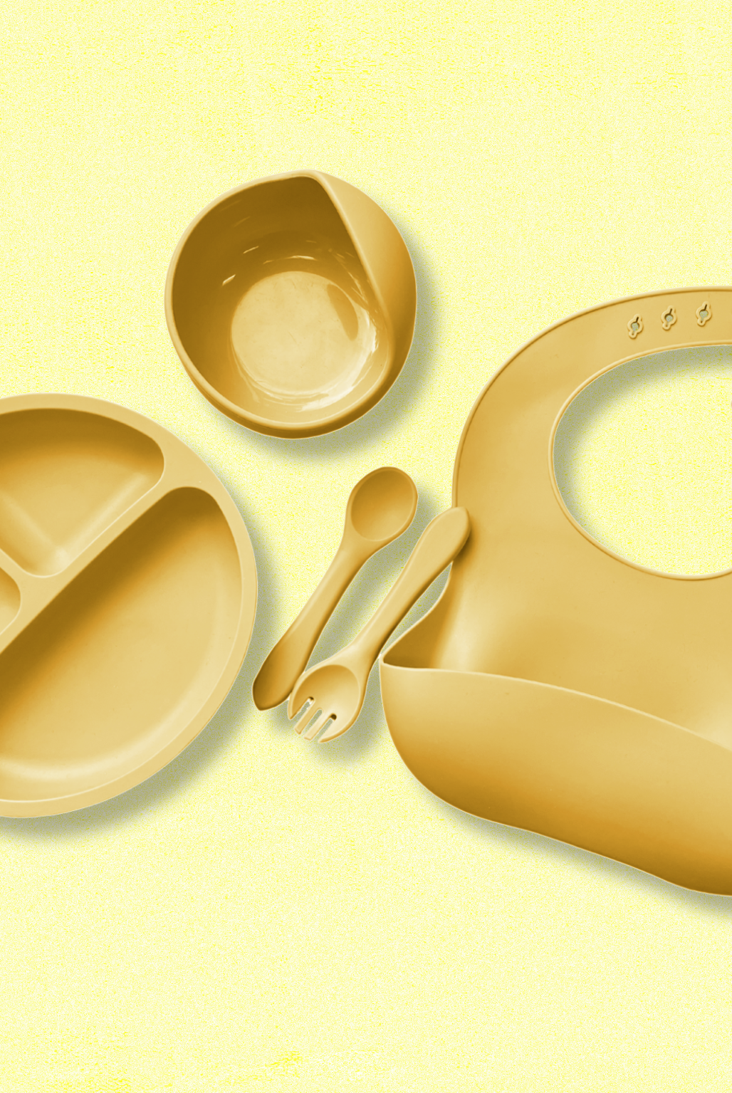 yellow silicone baby bowl, bib, plate, spoon & fork set