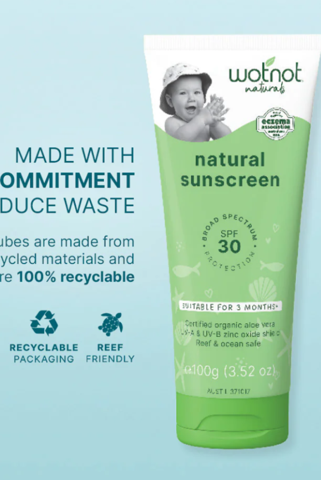 Image of sunscreen with commitment to reduce waste information