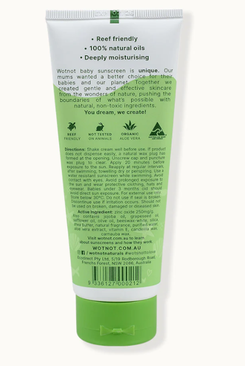Back of wotnot sunscreen tube with how to use and ingredients