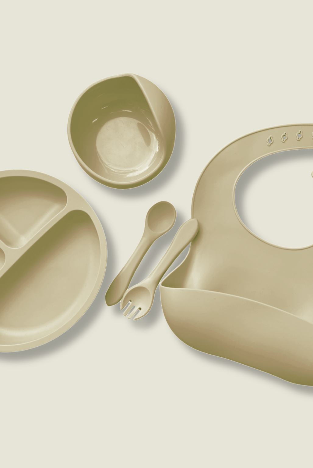 Beige silicone baby bowl, plate, bib, spoon & fork set