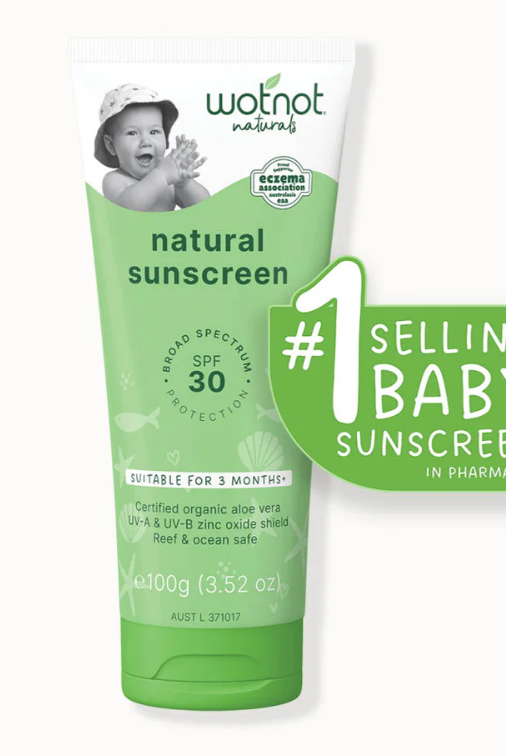 Green & white wotnot baby sunscreen tube with No 1 selling icon