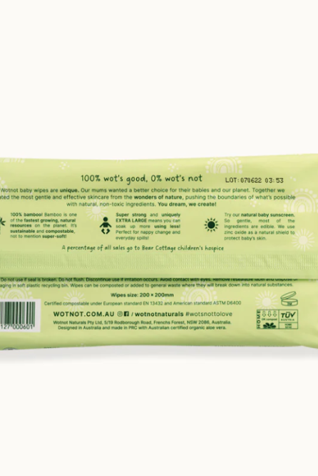 back of green wotnot baby wipes showing how to use