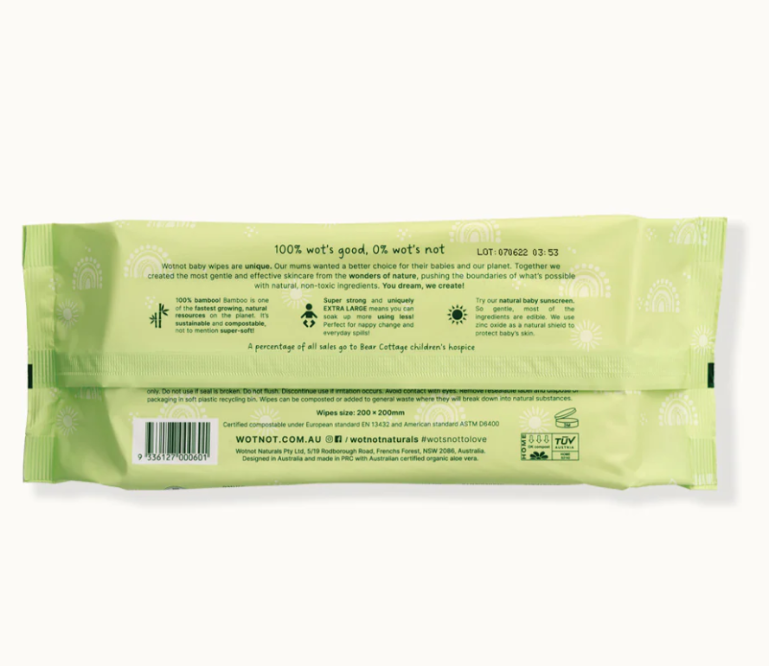 back of green wotnot baby wipes showing how to use