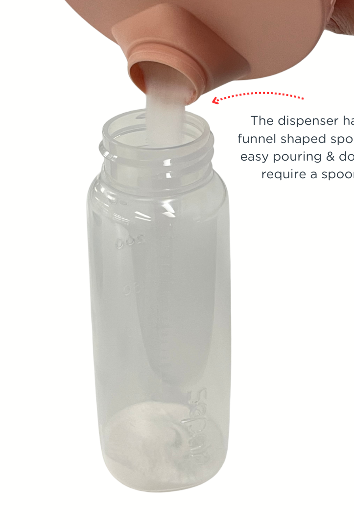 Clear plastic bottle with a funnel-shaped spout being used to pour a white substance.