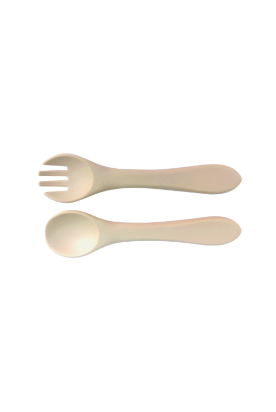 beige baby silicone fork and spoon
