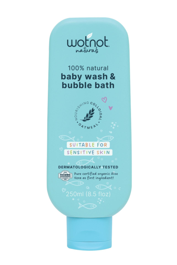 Wotnot Naturals baby wash and bubble bath bottle on a white background