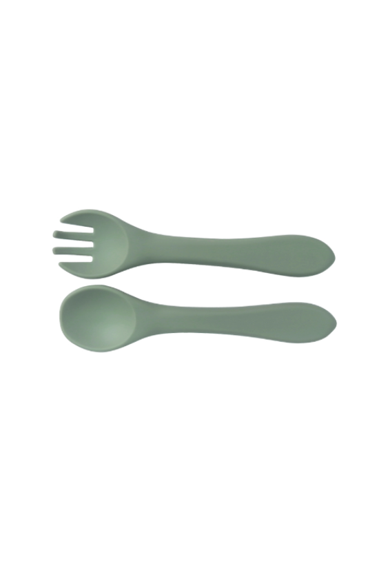 green baby silicone fork and spoon