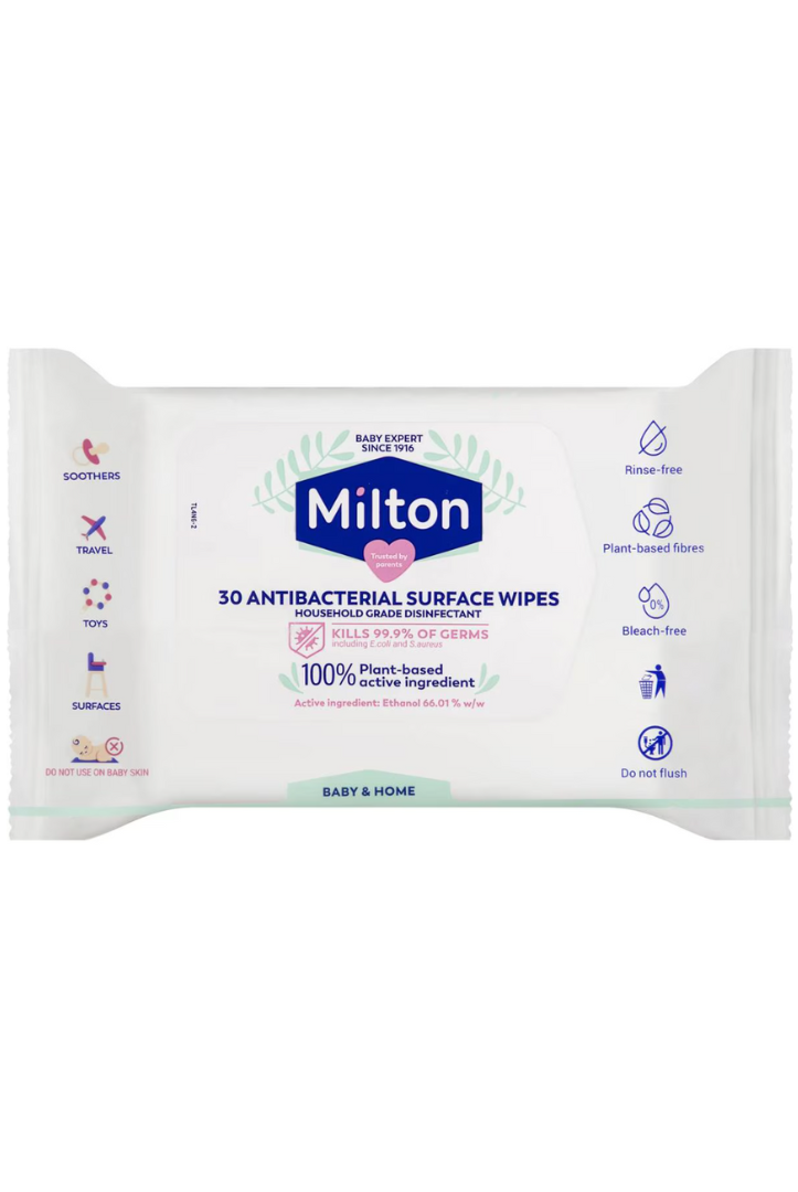 White Milton Surface wipes branded packet, front view