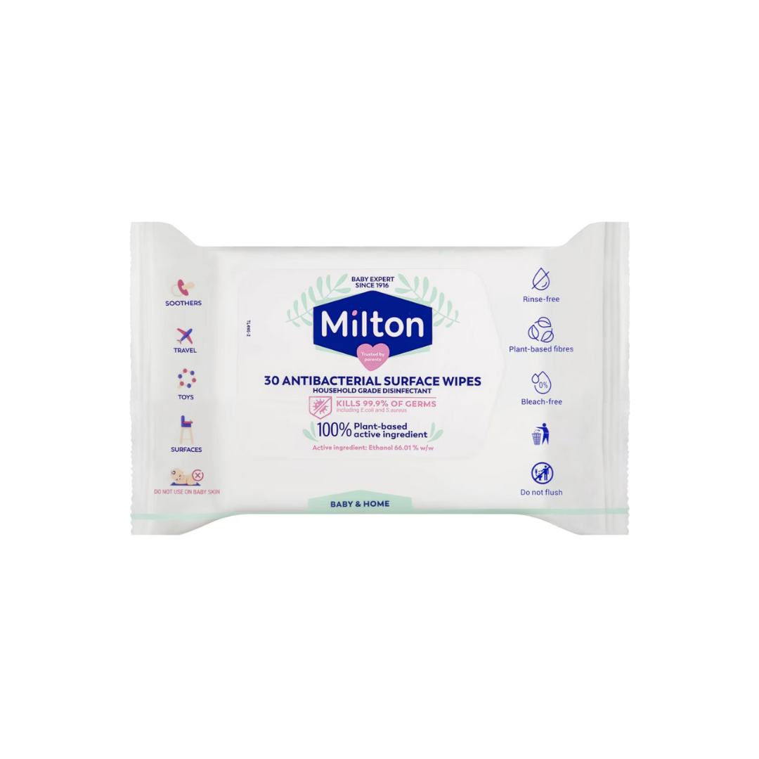 White Milton Surface wipes branded packet, front view