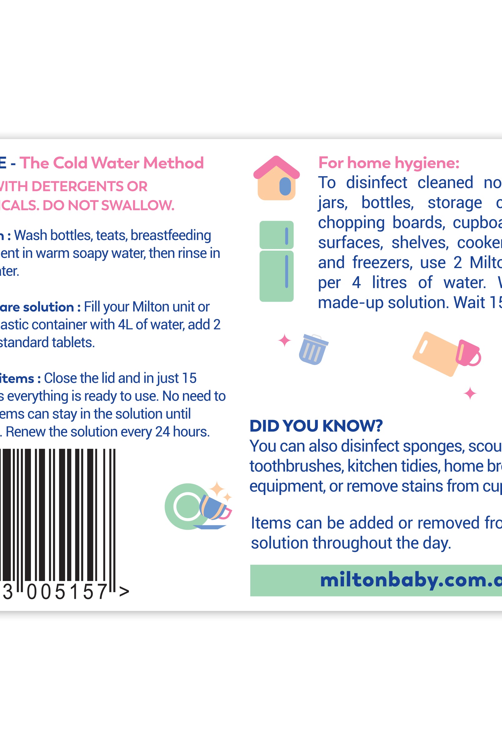 Back of the Milton antibac tab box with How to Use information
