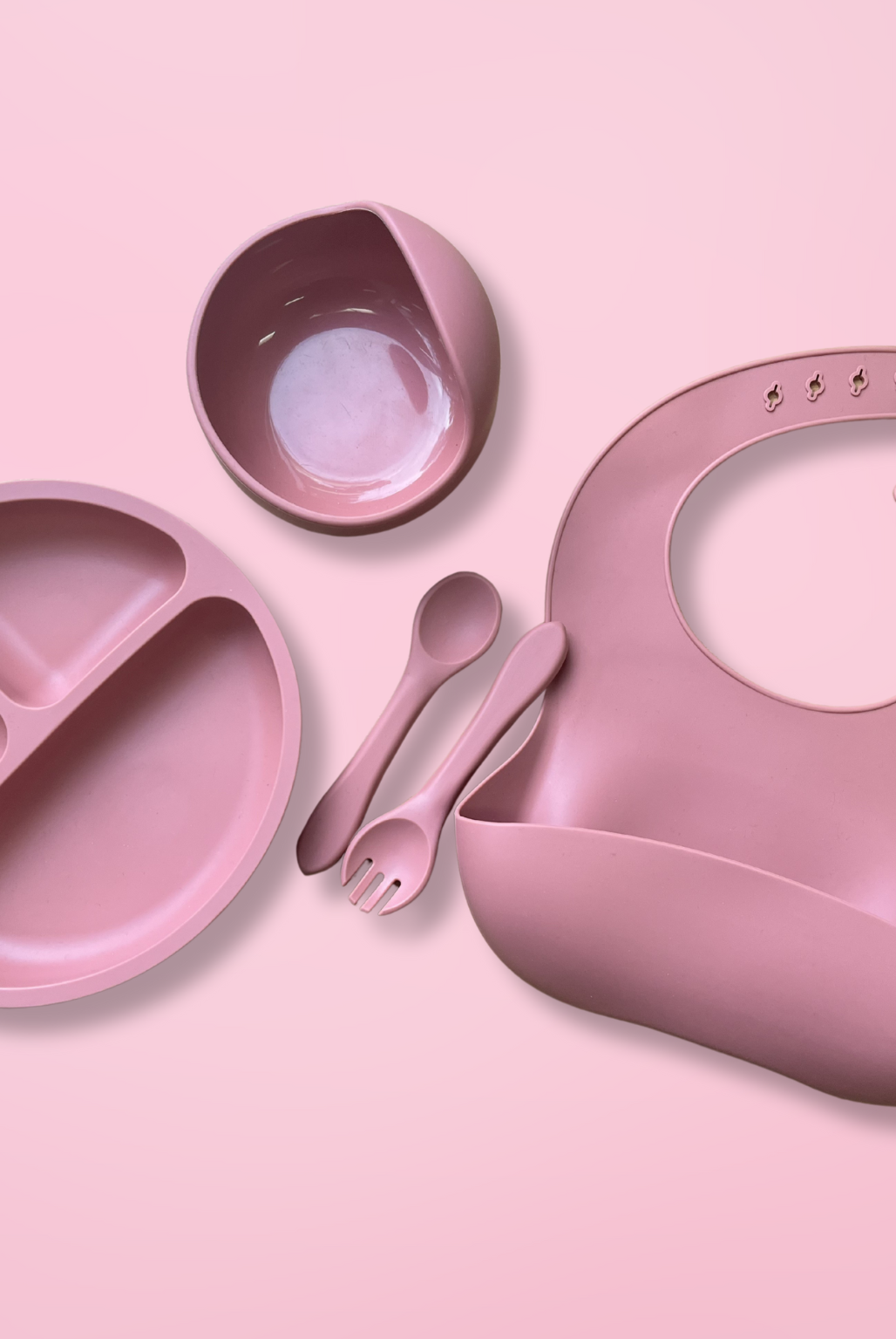 Rose silicone baby bowl, bib, plate, spoon & fork set