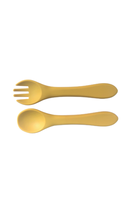 yellow baby silicone fork and spoon
