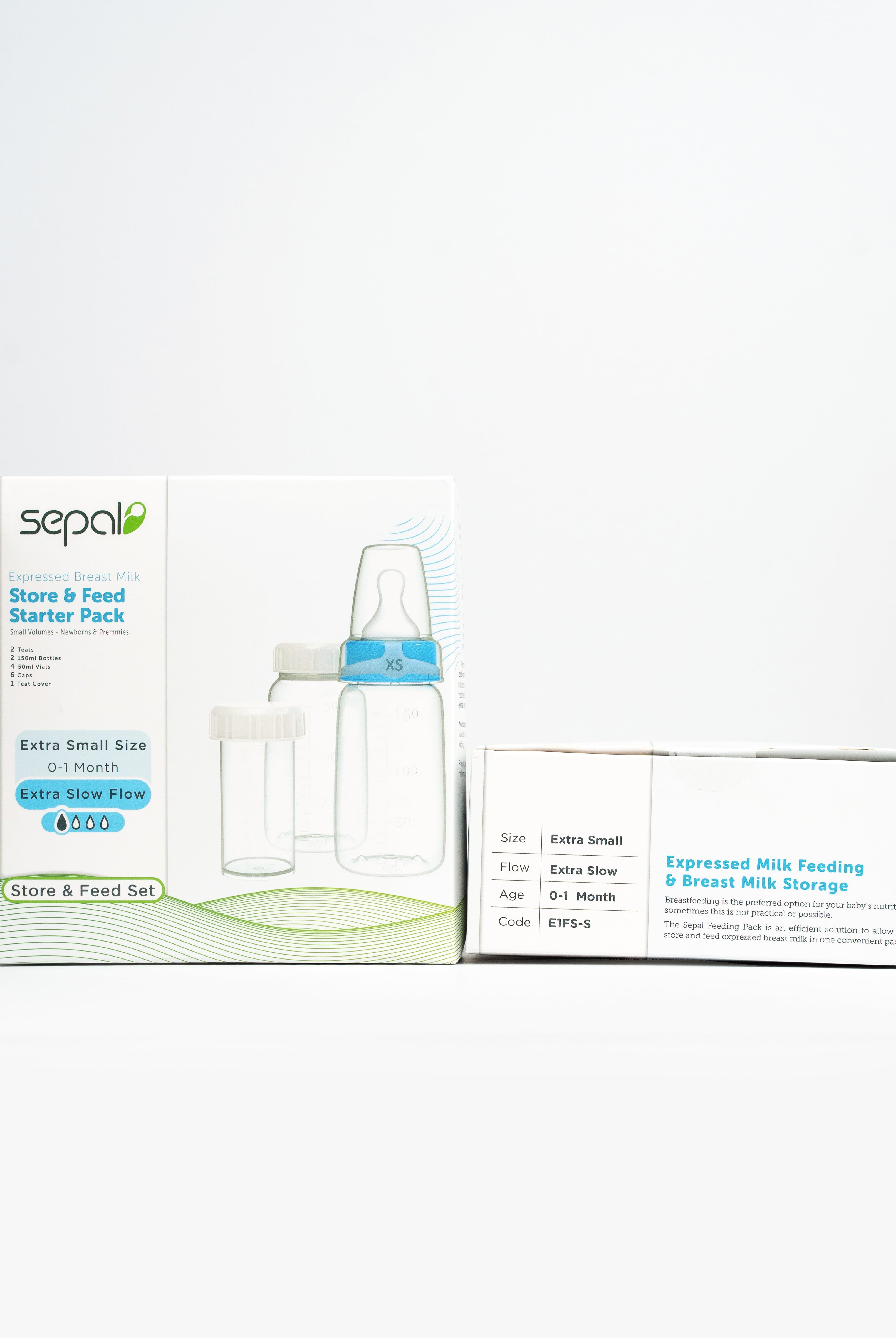 Retail box of the Sepal extra small Store & Feed pack. Size, flow, age & code are displayed for easy reference.