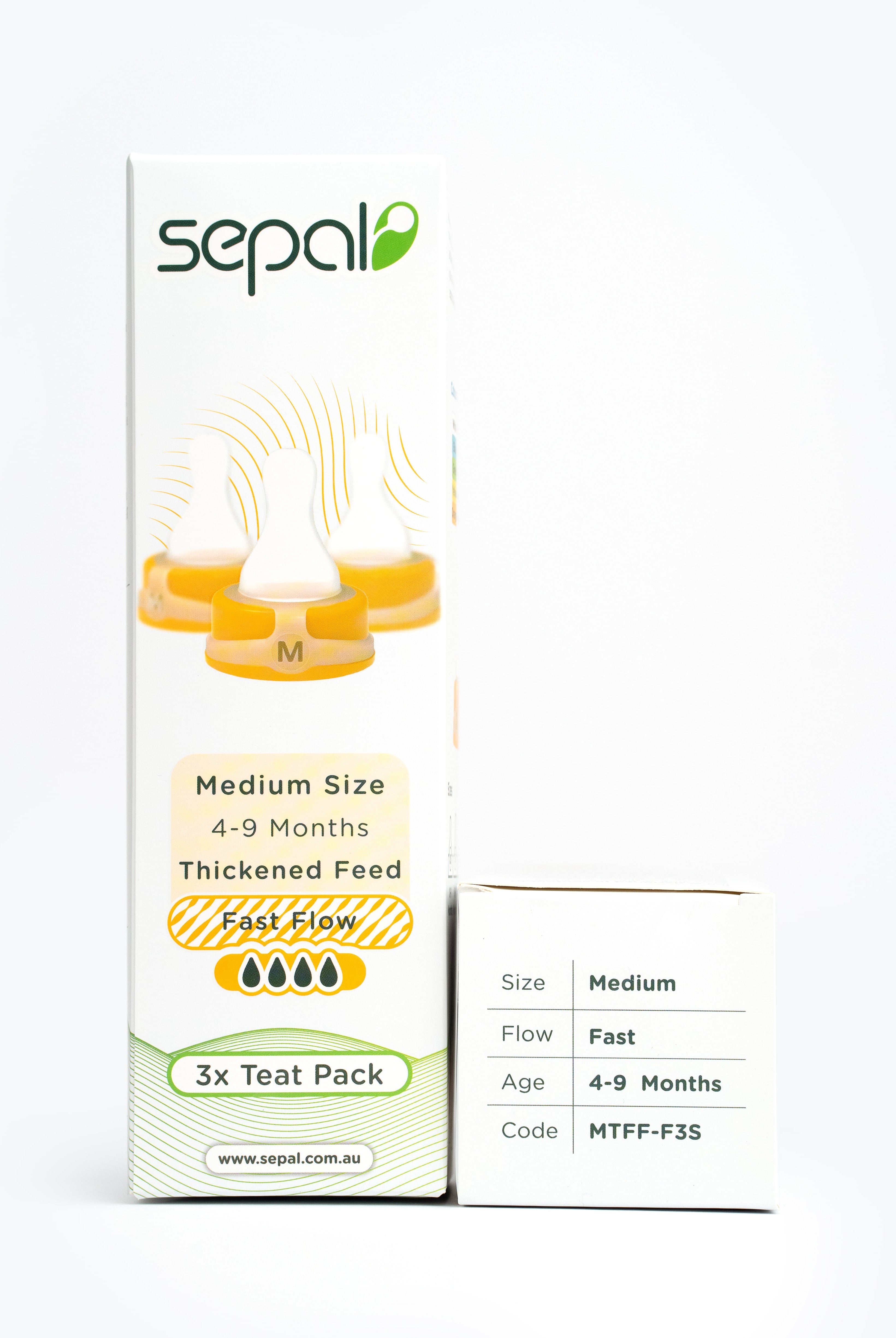 Sepal retail box for orange 3 teat pack Medium teat fast flow. Size, flow, age & code displayed for easy reference.