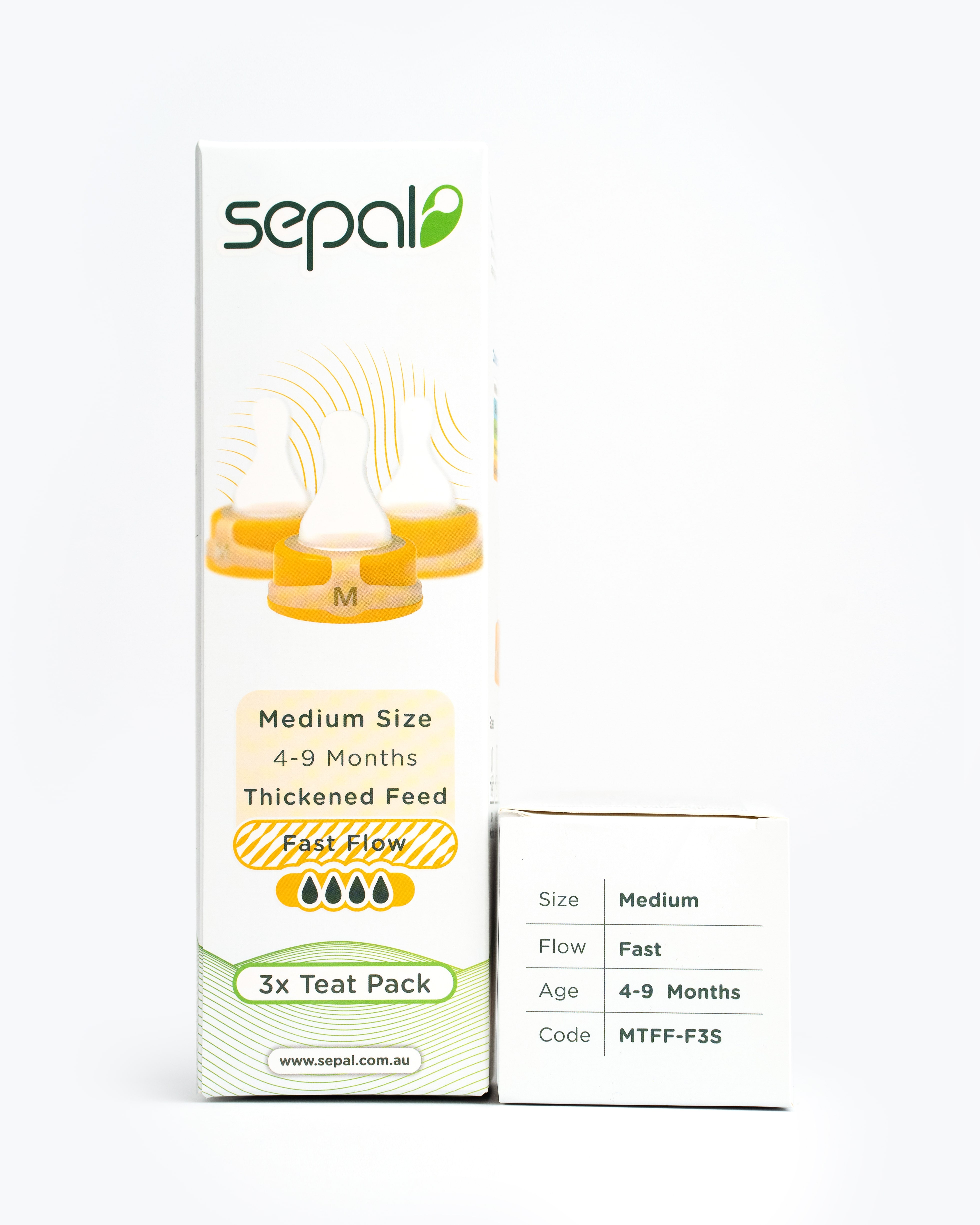 Sepal retail box for orange 3 teat pack Medium teat fast flow. Size, flow, age & code displayed for easy reference.