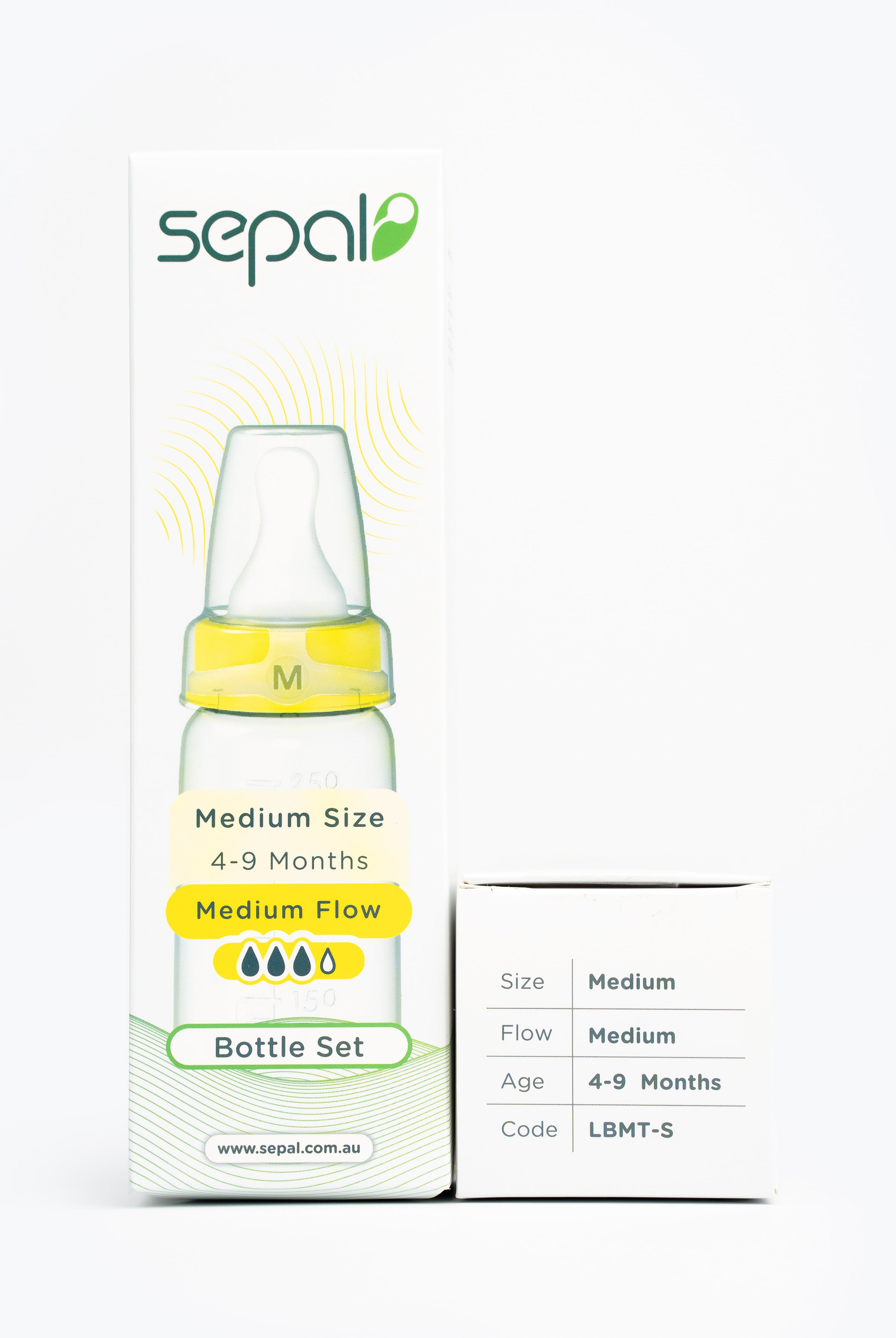 Sepal retail box for the Medium size bottle set. Size, flow, age & product code displayed for easy reference.