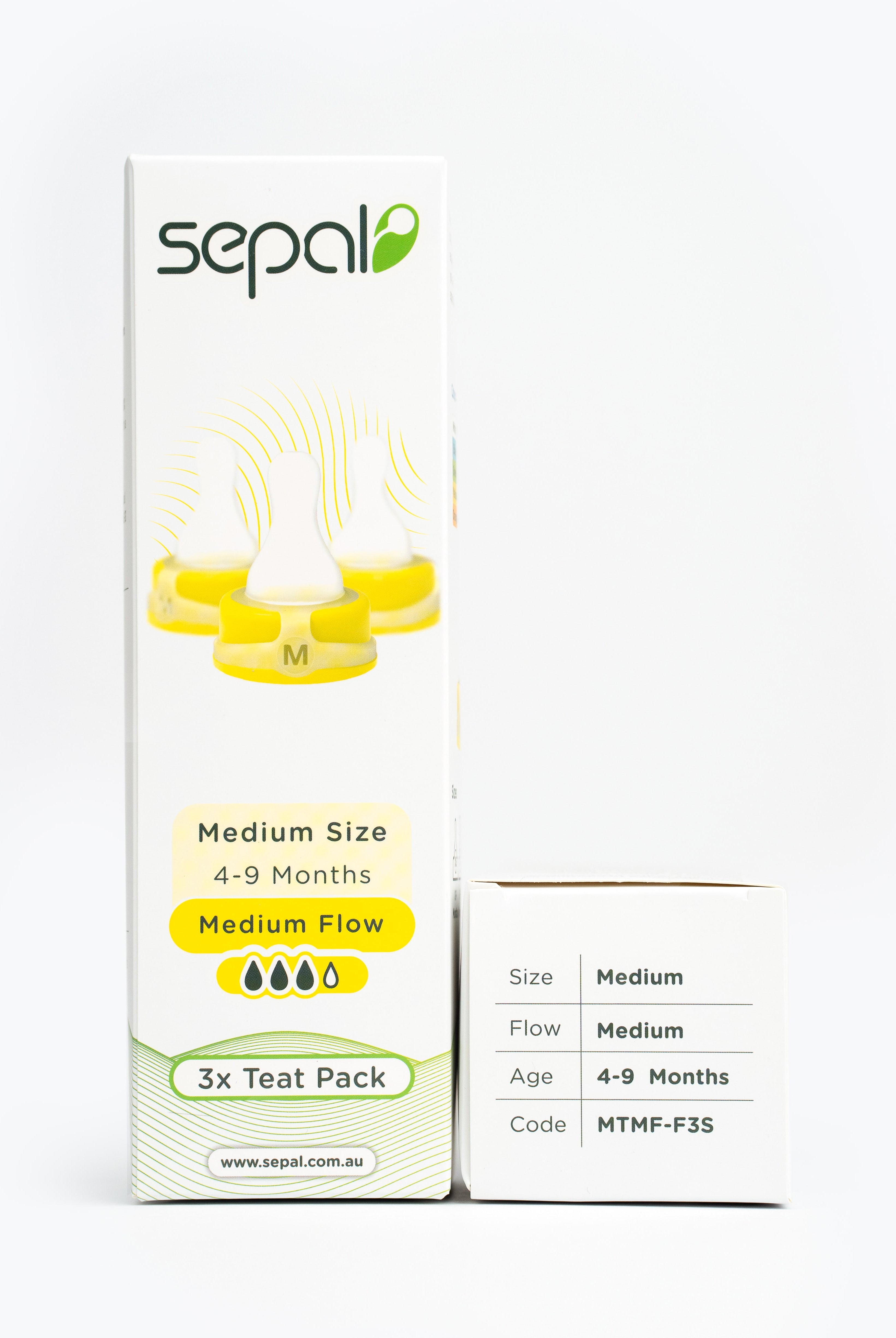 Sepal retail box for 3 pack yellow medium teat medium flow. Size, flow, age & code are displayed for easy reference.