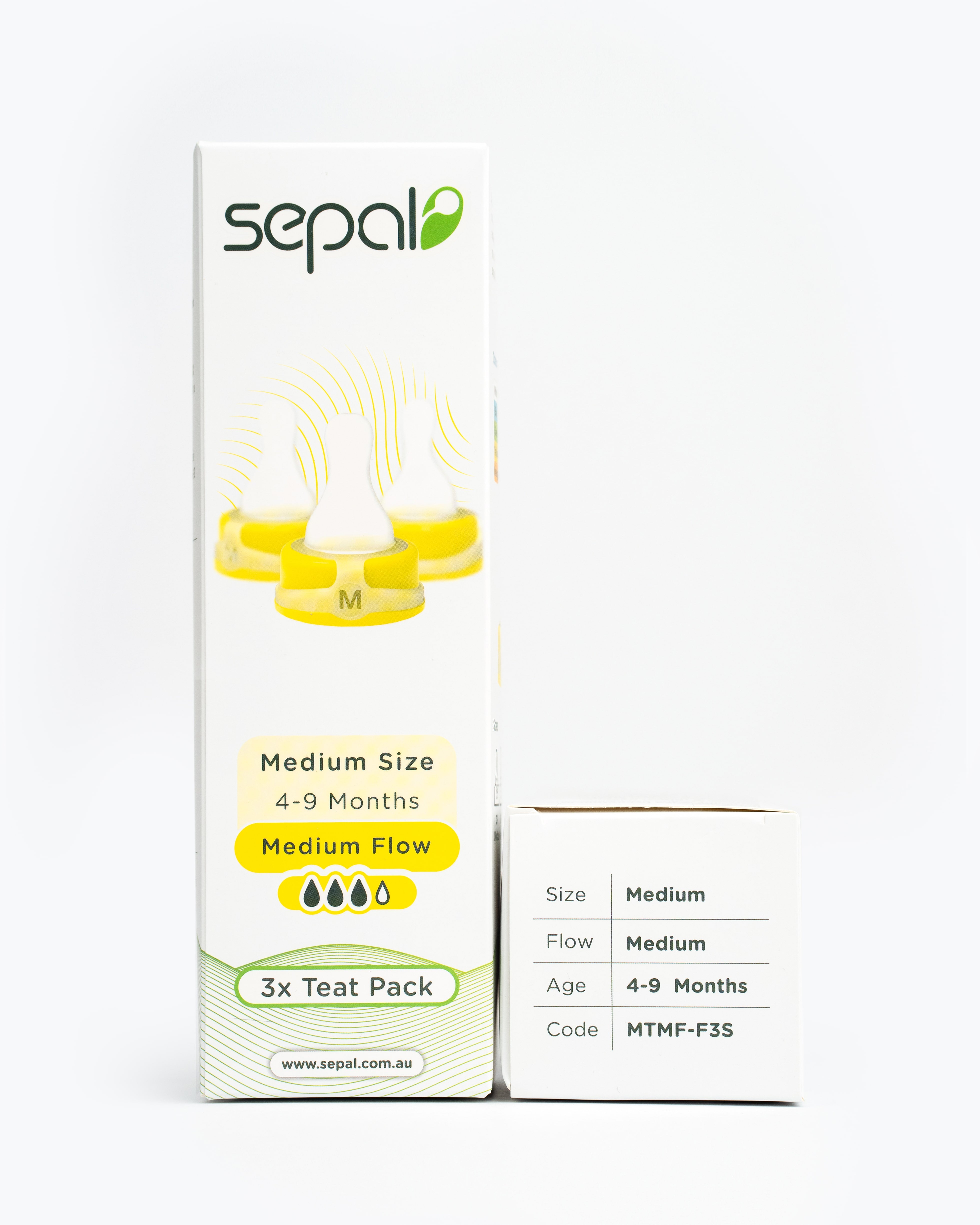 Sepal retail box for 3 pack yellow medium teat medium flow. Size, flow, age & code are displayed for easy reference.