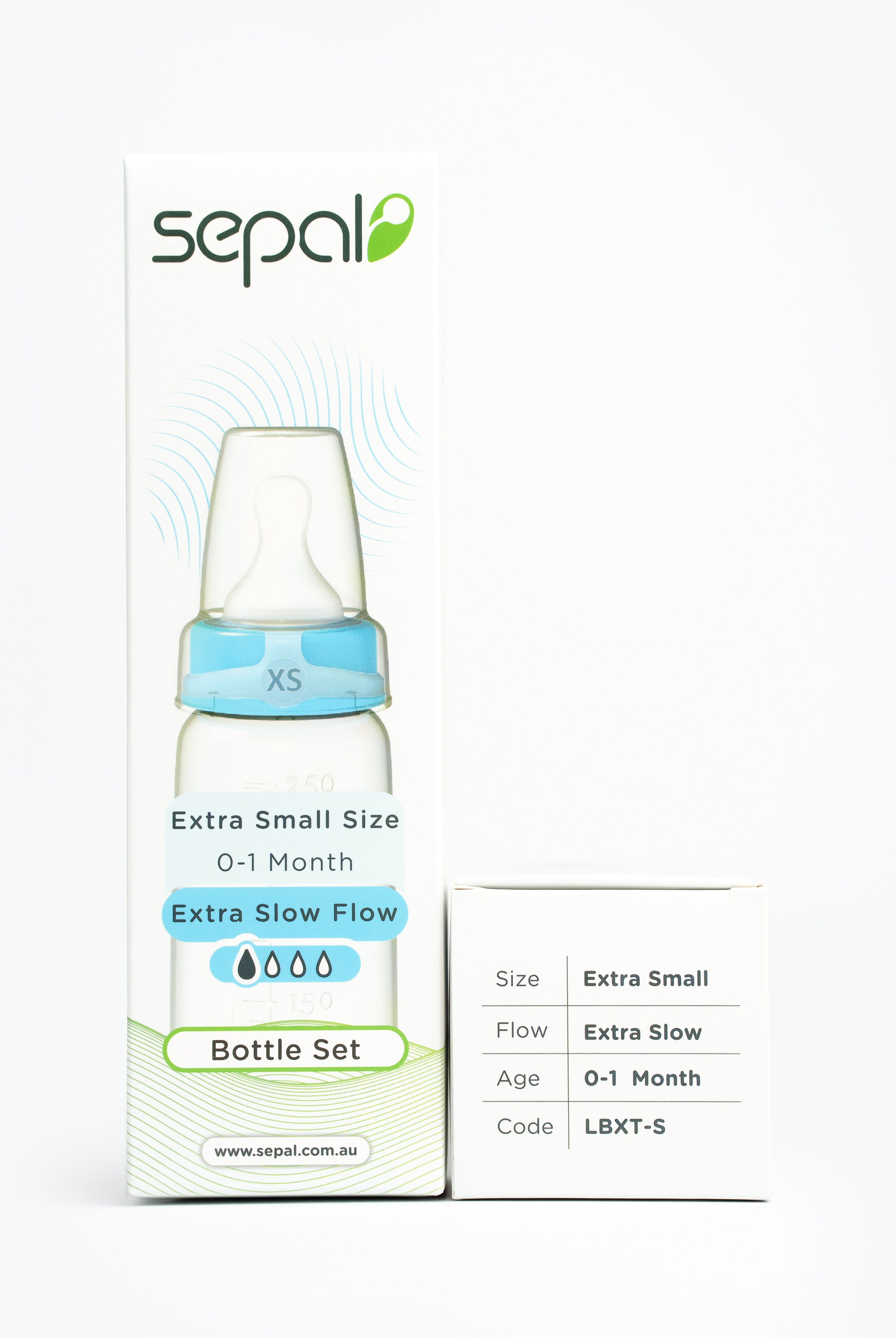 Sepal Retail Extra Small Bottle Set. Details of the size, flow, age and product code are displayed for easy reference.