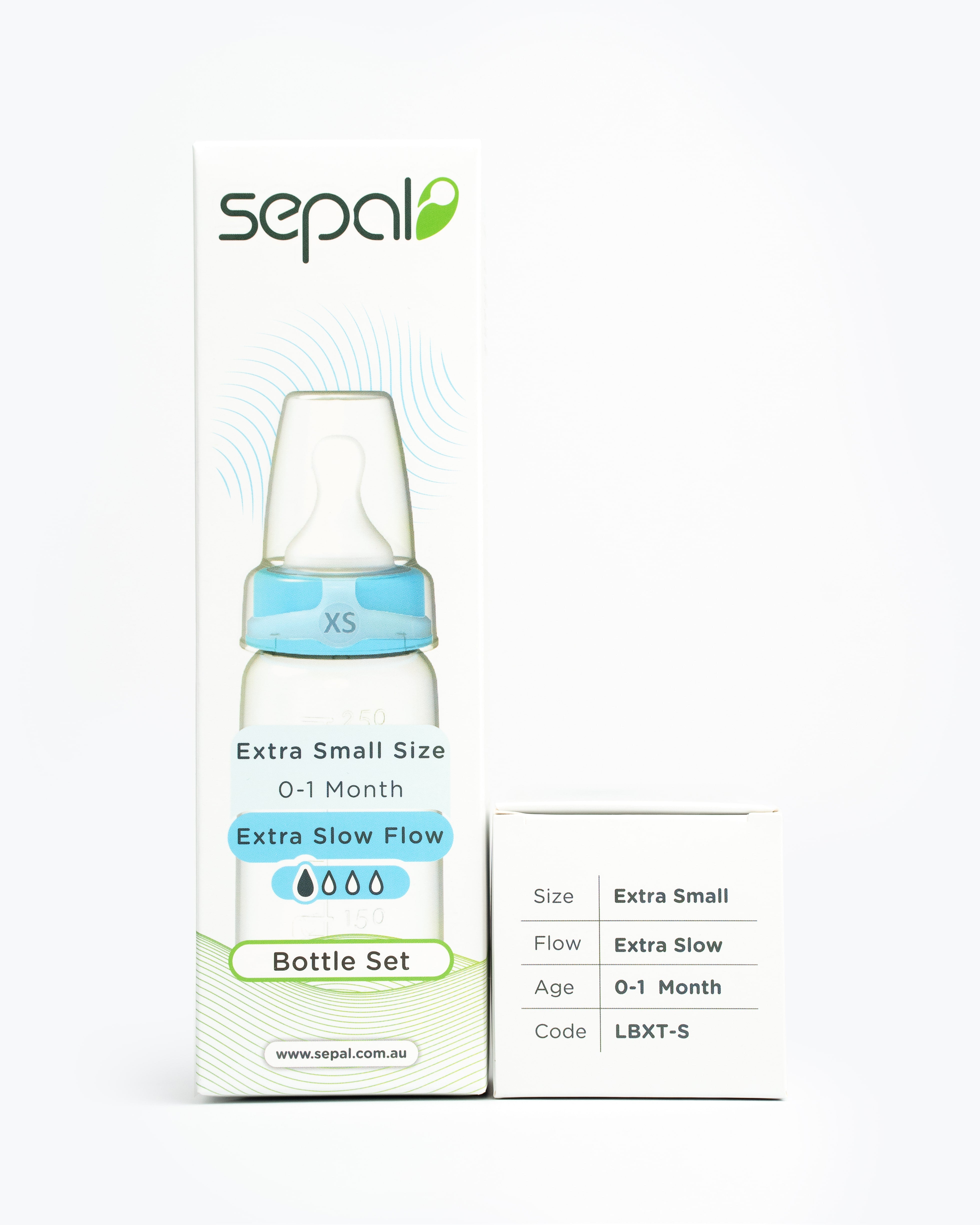 Sepal Retail Extra Small Bottle Set. Details of the size, flow, age and product code are displayed for easy reference.