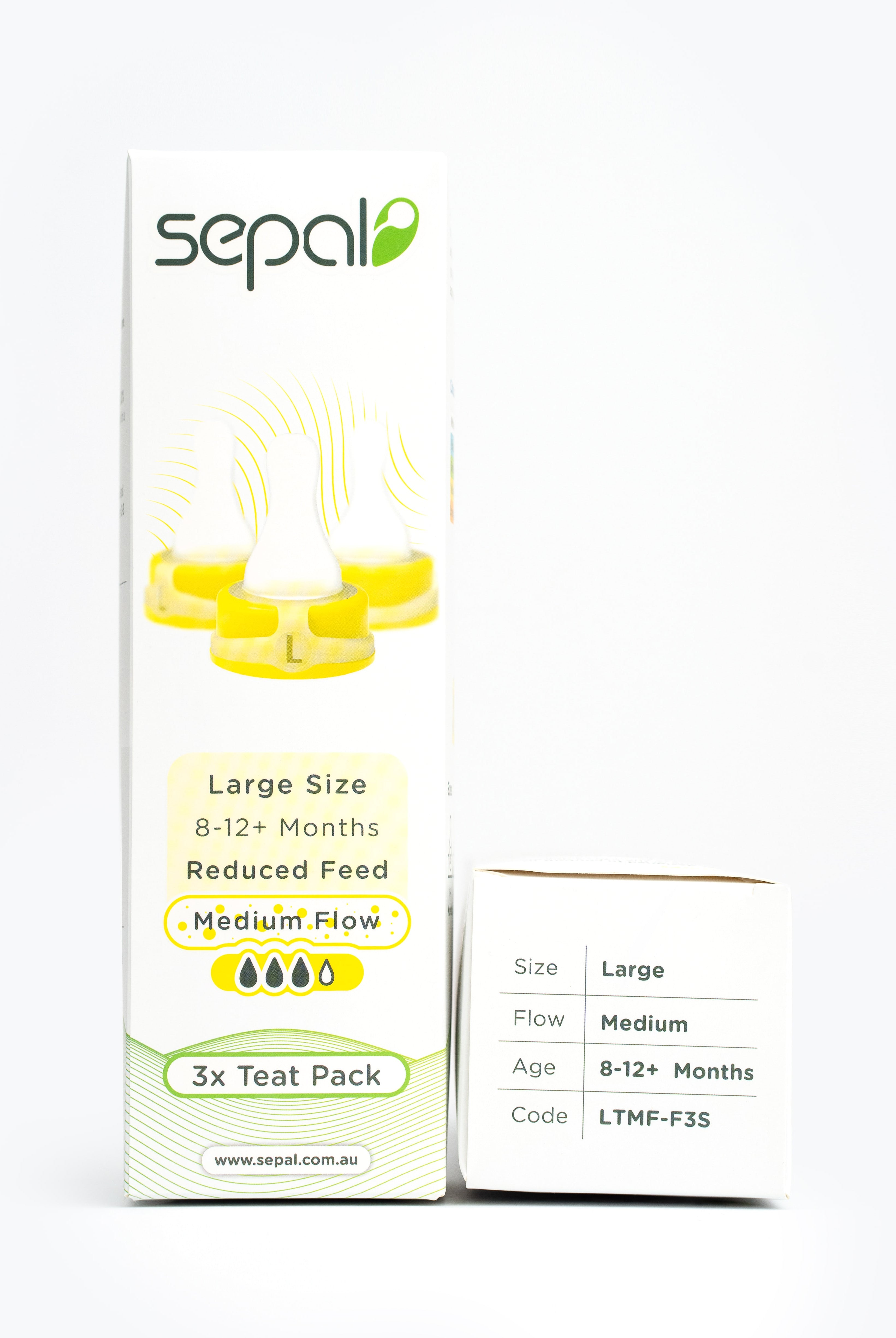 Sepal retail box for 3 Pack teats of yellow large teat medium flow. Size, flow, age & code all displayed for easy reference.