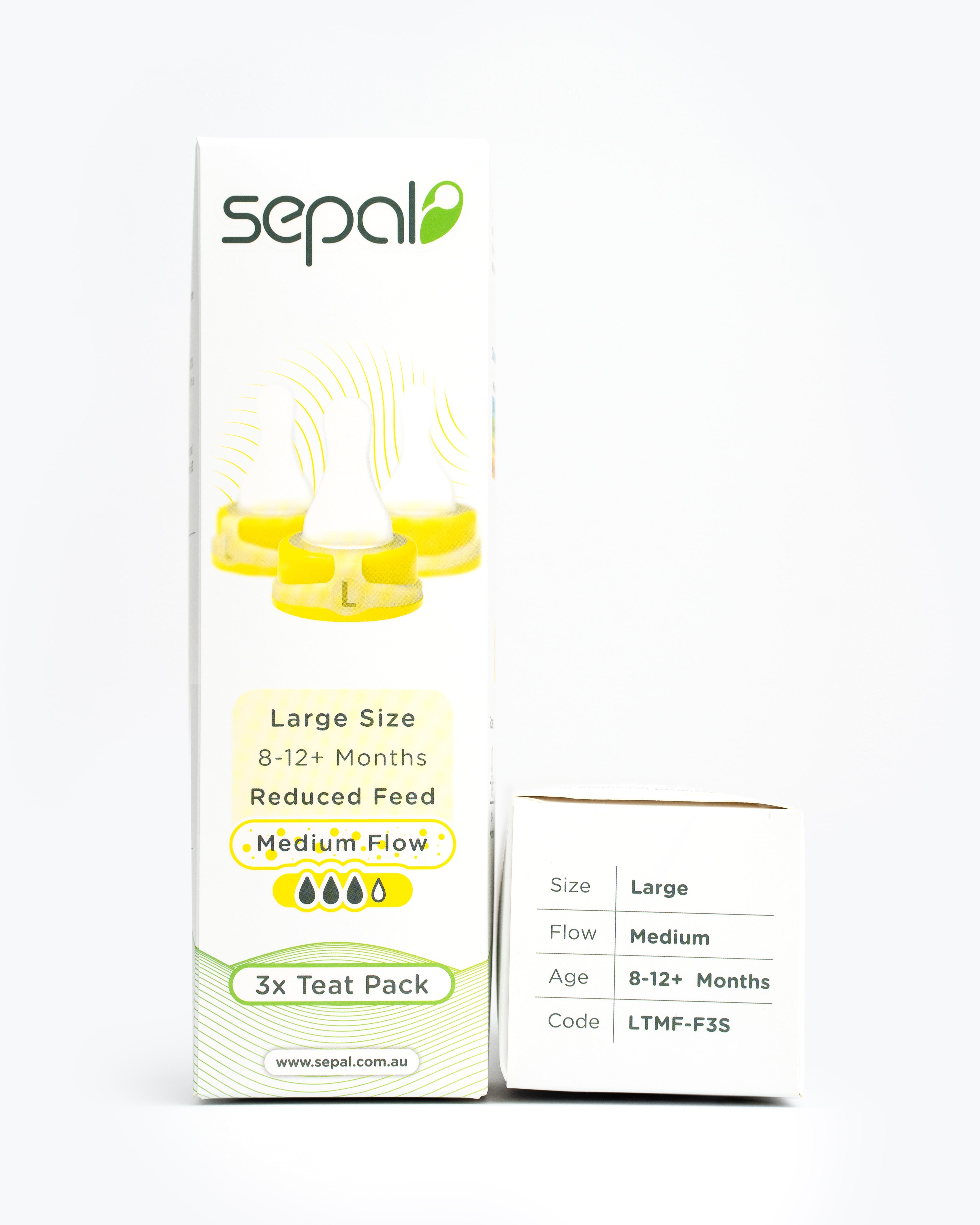 Sepal retail box for 3 Pack teats of yellow large teat medium flow. Size, flow, age & code all displayed for easy reference.