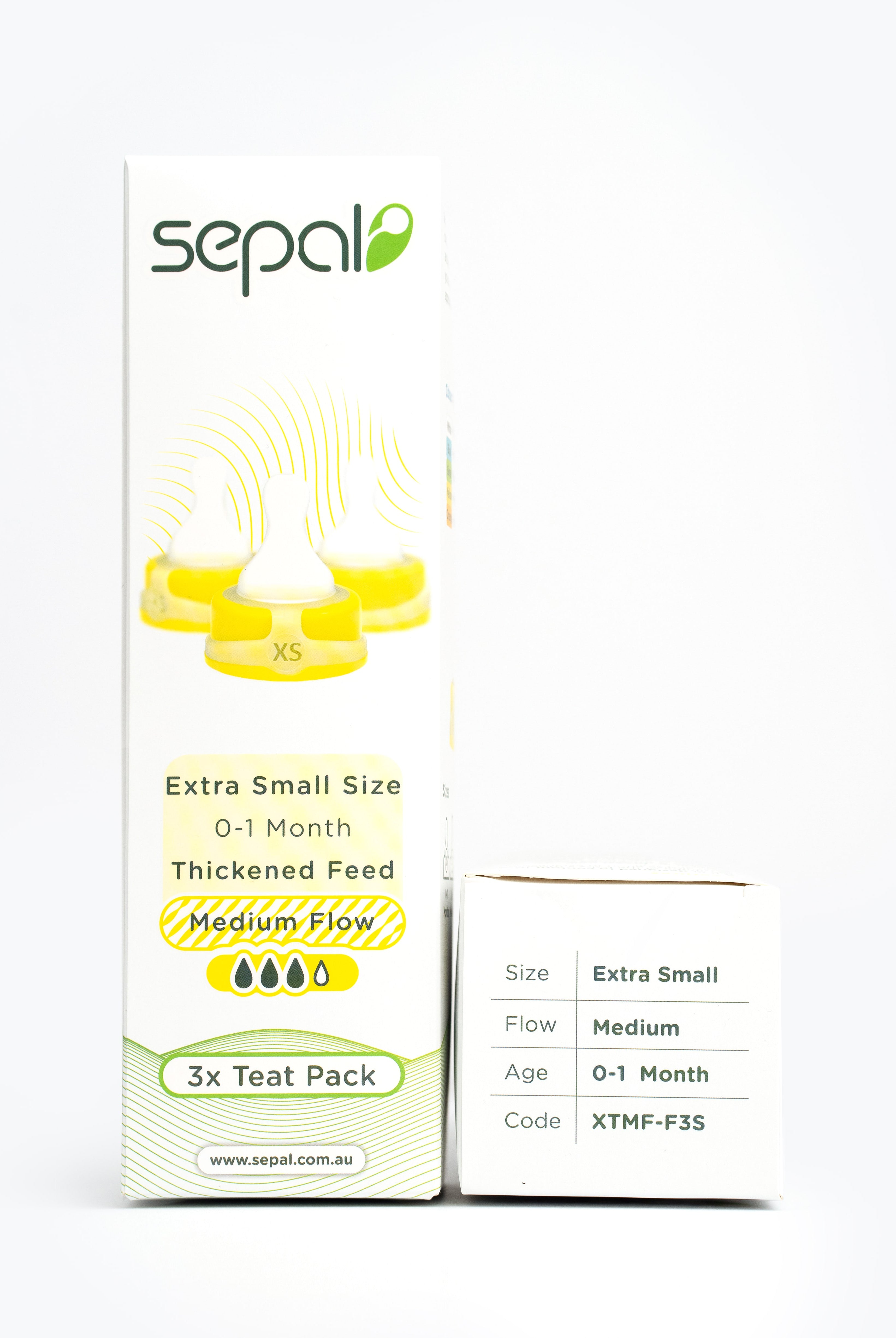 Sepal retail box for 3 pack teats in yellow extra small teat medium flow. Size, flow, age & code displayed for easy reference.