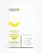 Sepal retail box for 3 pack teats in yellow extra small teat medium flow. Size, flow, age & code displayed for easy reference.