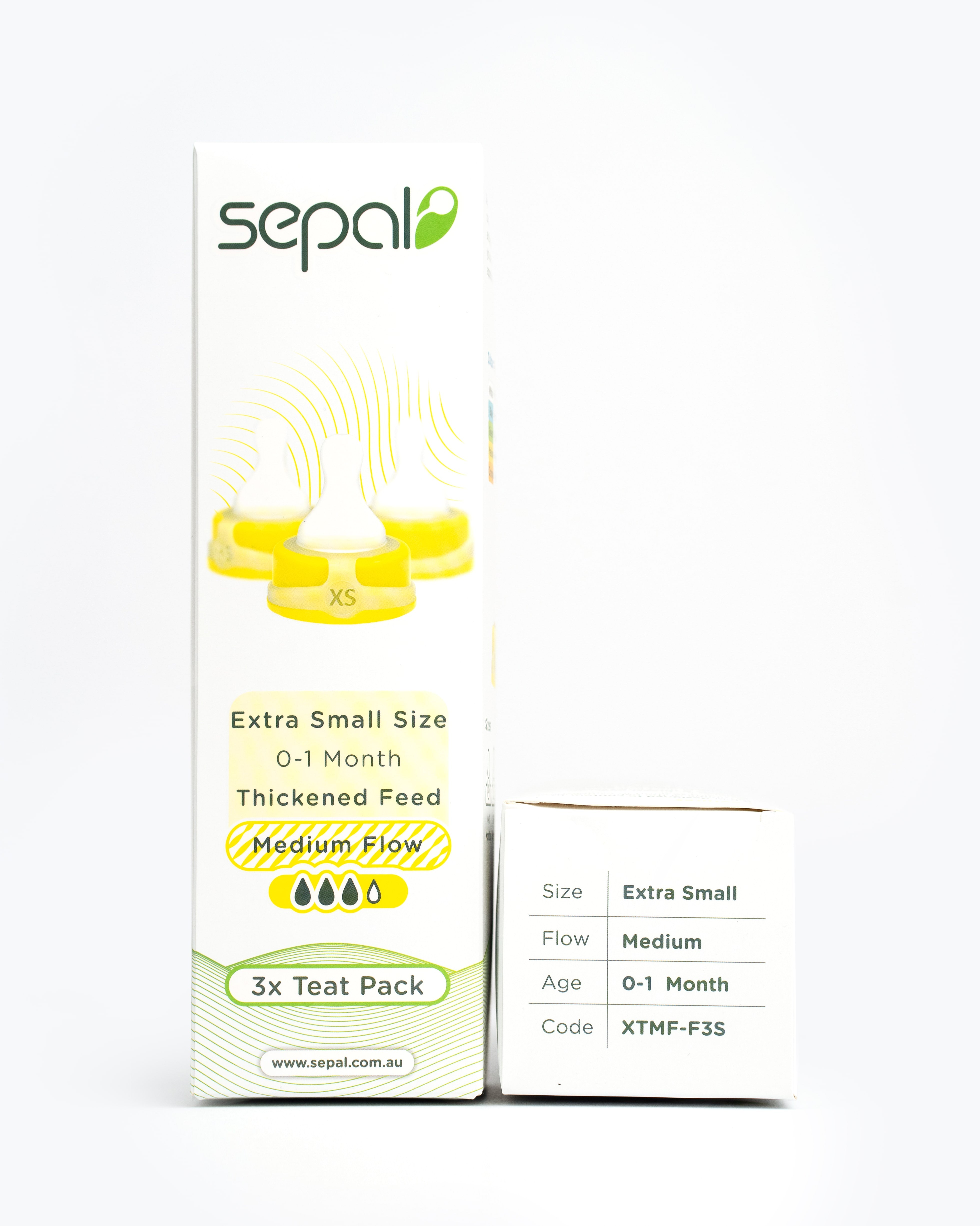 Sepal retail box for 3 pack teats in yellow extra small teat medium flow. Size, flow, age & code displayed for easy reference.