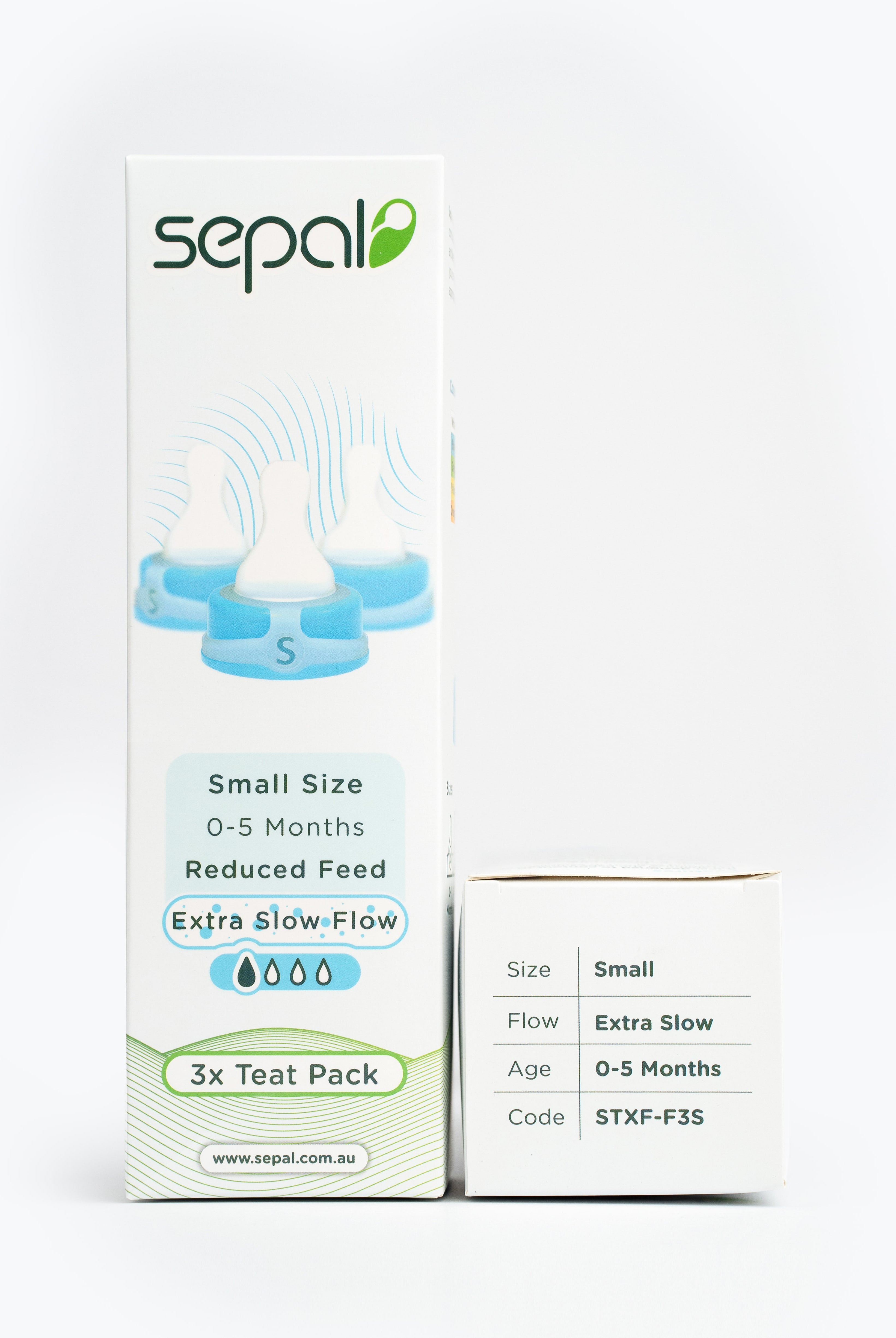Sepal retail box for 3 pack blue small teat extra slow flow. Size, flow, age 7 code displayed for easy reference.