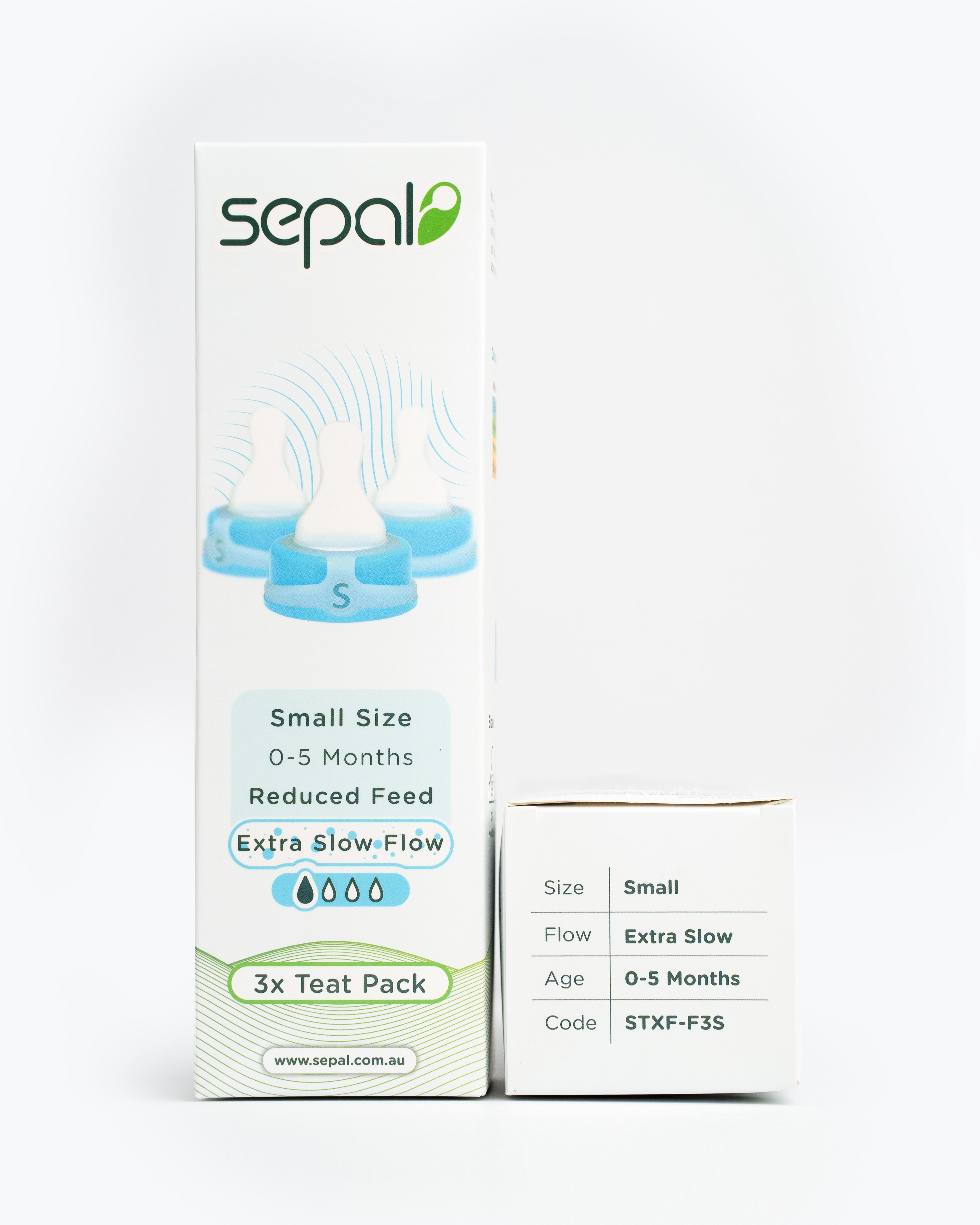 Sepal retail box for 3 pack blue small teat extra slow flow. Size, flow, age 7 code displayed for easy reference.