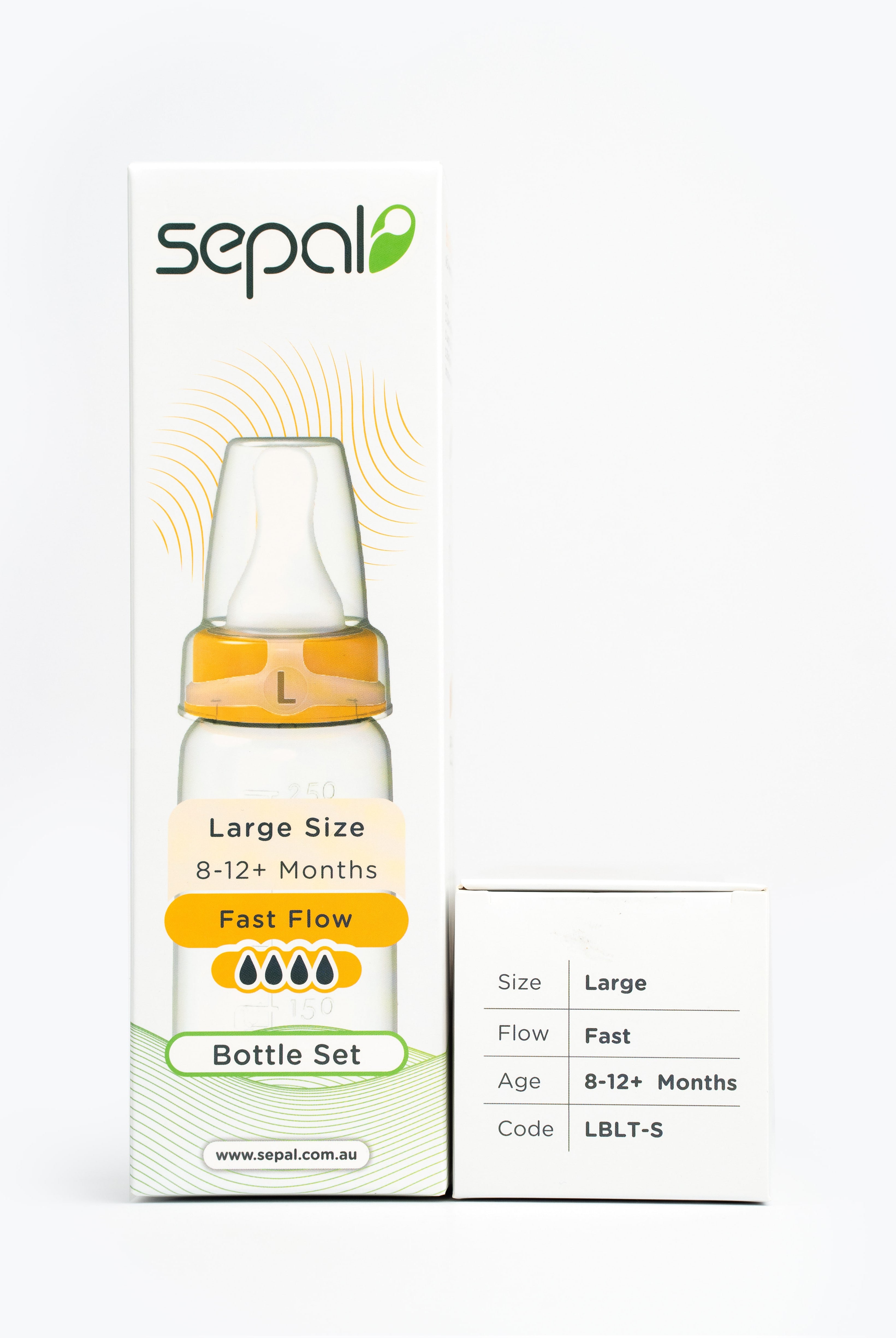 Sepal Retail Large Bottle set. Size, flow, age & product code area displayed for easy reference.