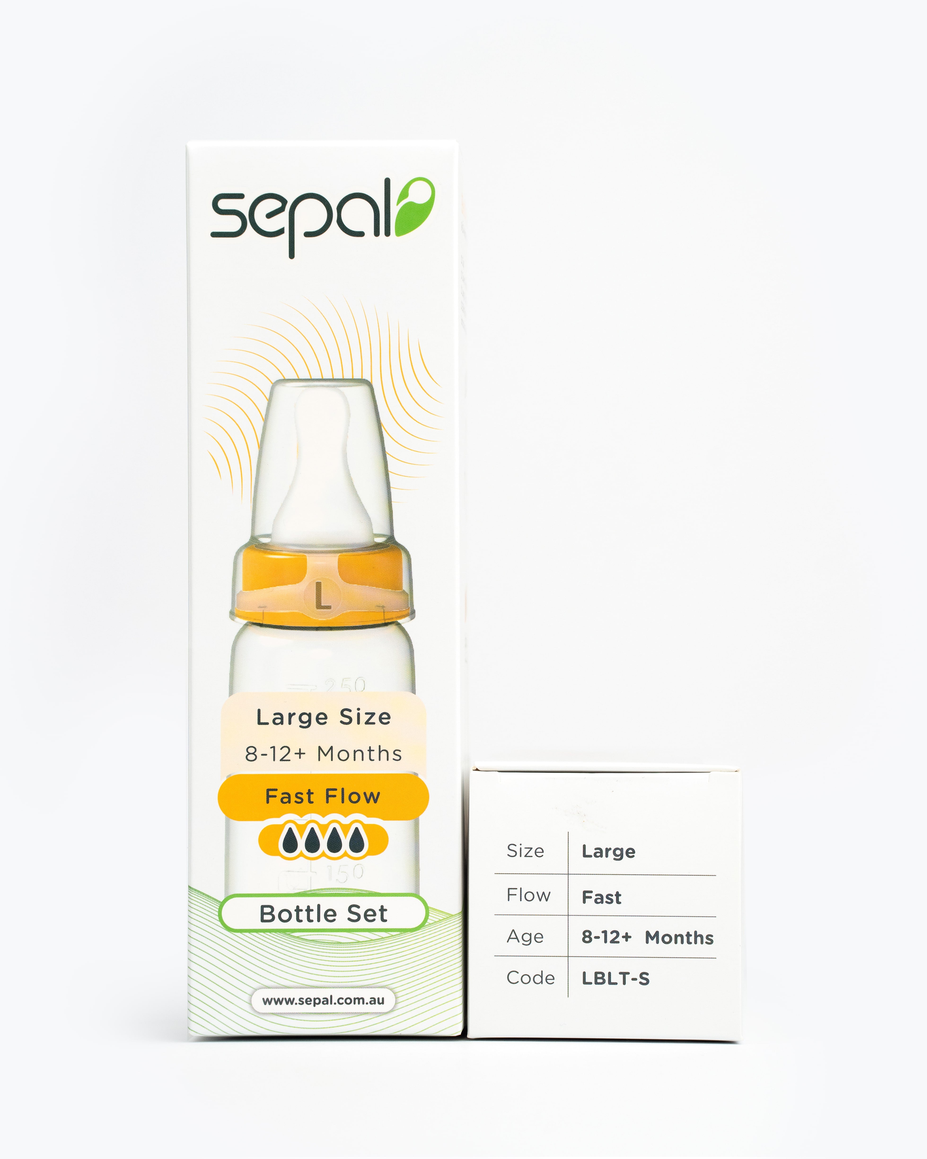 Sepal Retail Large Bottle set. Size, flow, age & product code area displayed for easy reference.