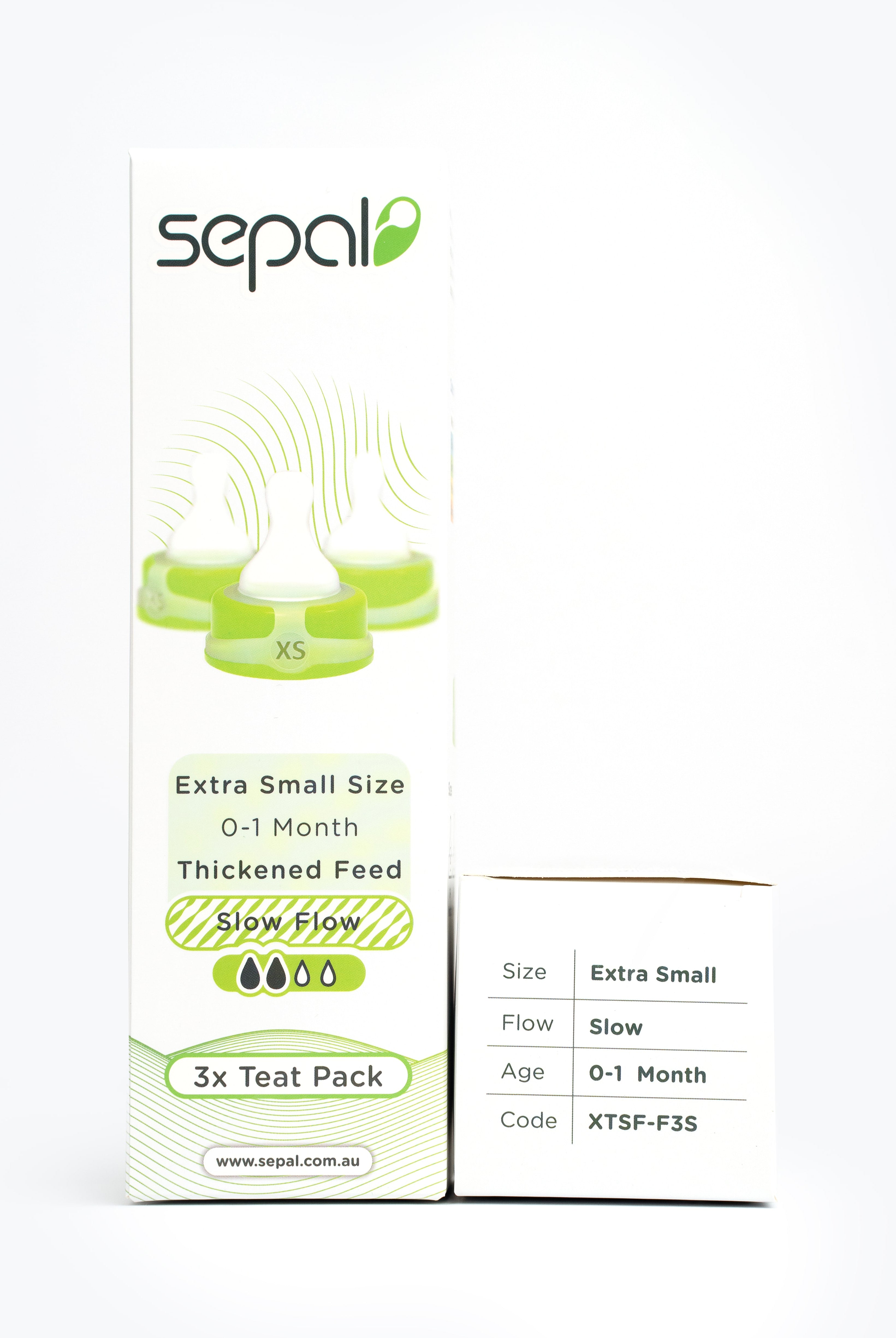 Sepal retail box for 3 pack teats, green extra small slow flow. Size, flow, age & code are displayed for easy reference.