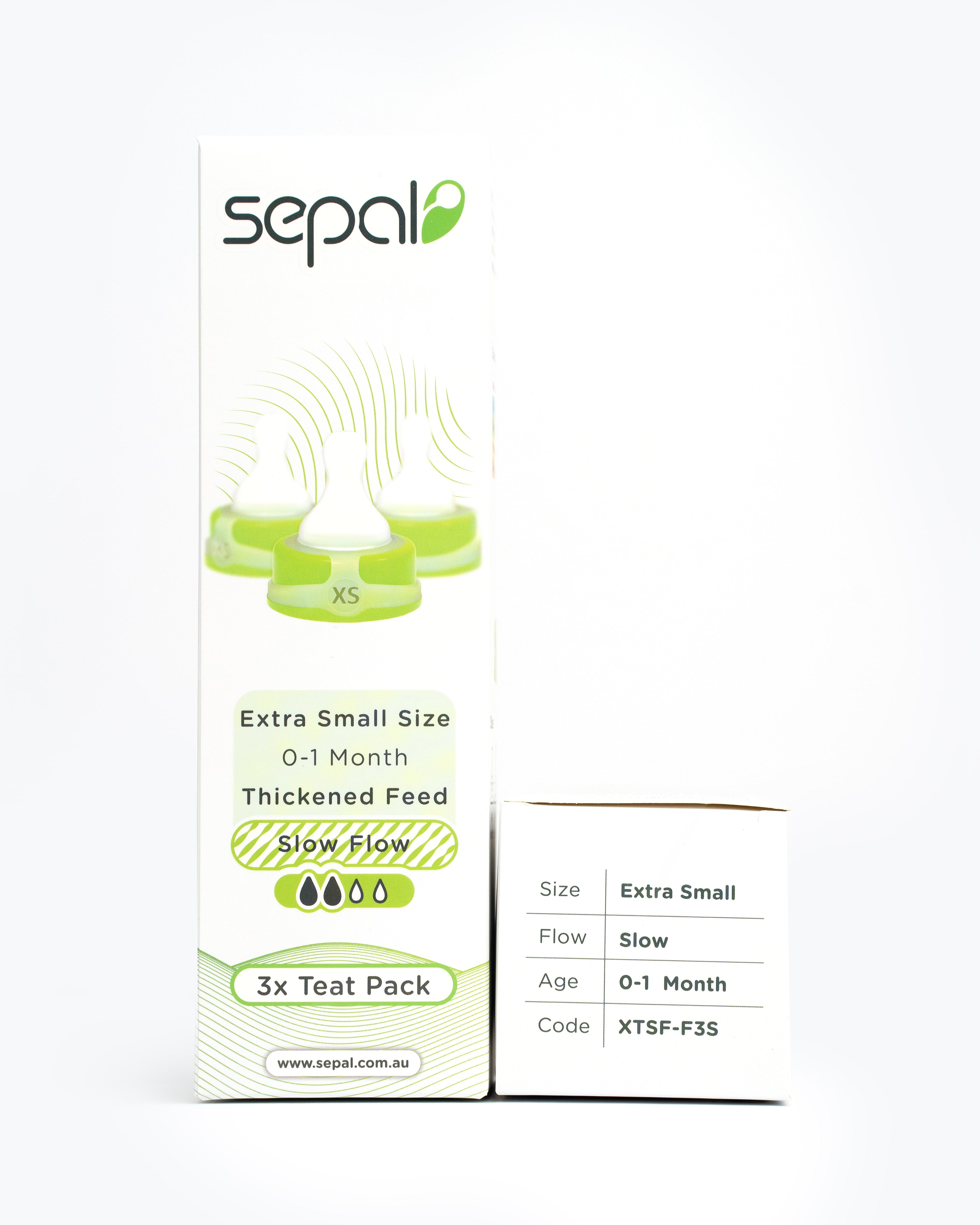 Sepal retail box for 3 pack teats, green extra small slow flow. Size, flow, age & code are displayed for easy reference.
