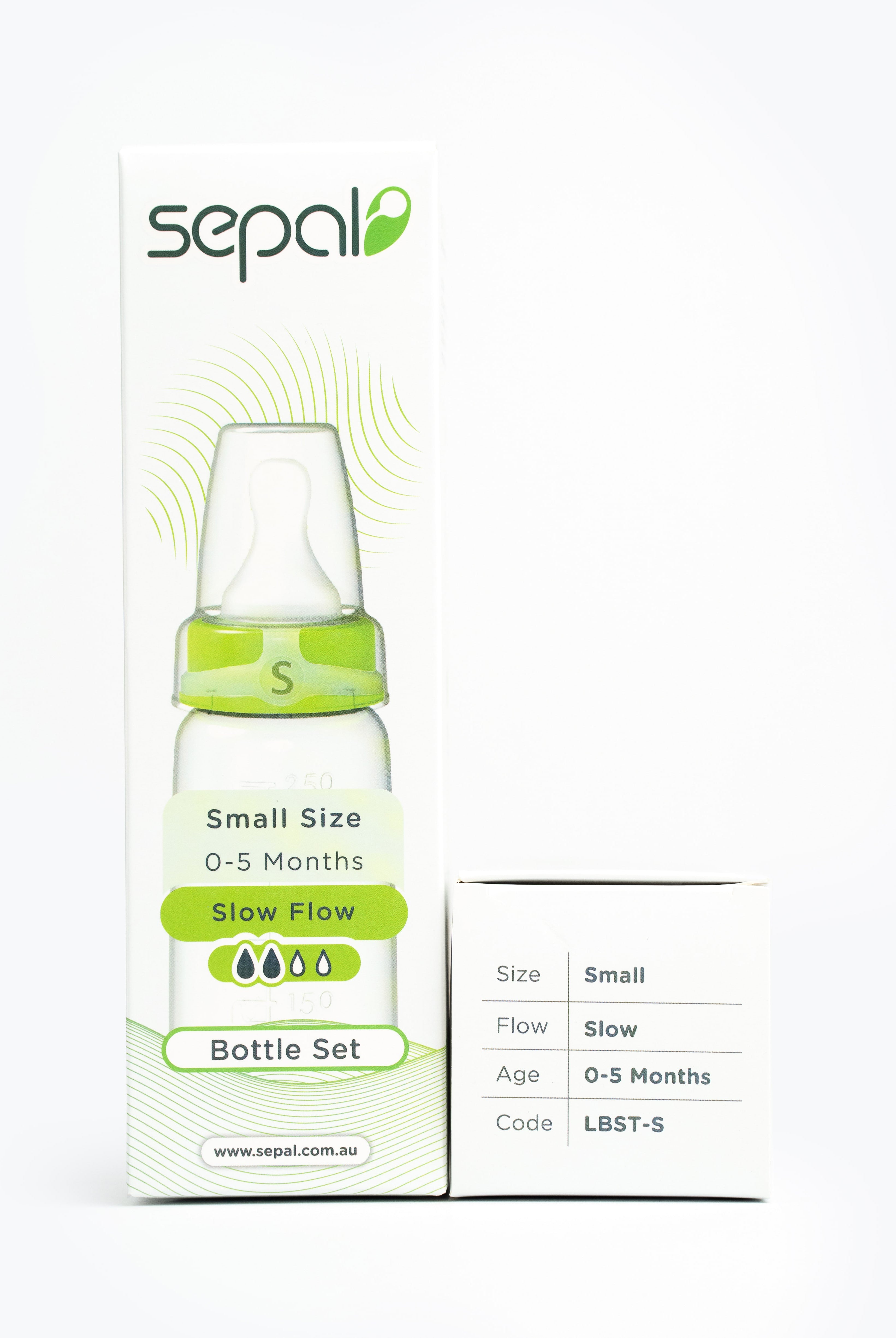 Sepal retail box for Small Bottle Set. Size, Flow, age & product code displayed for easy reference.