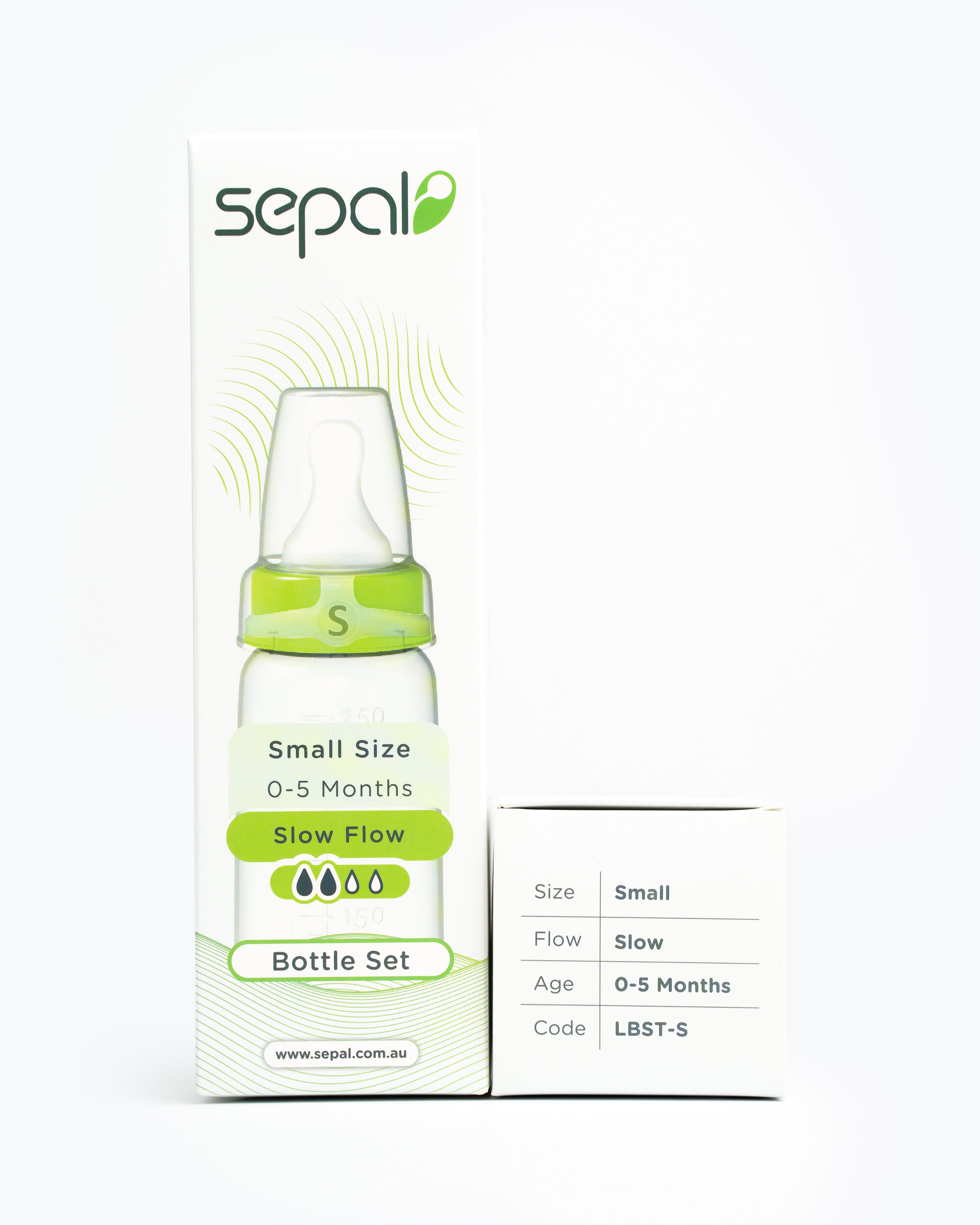 Sepal retail box for Small Bottle Set. Size, Flow, age & product code displayed for easy reference.