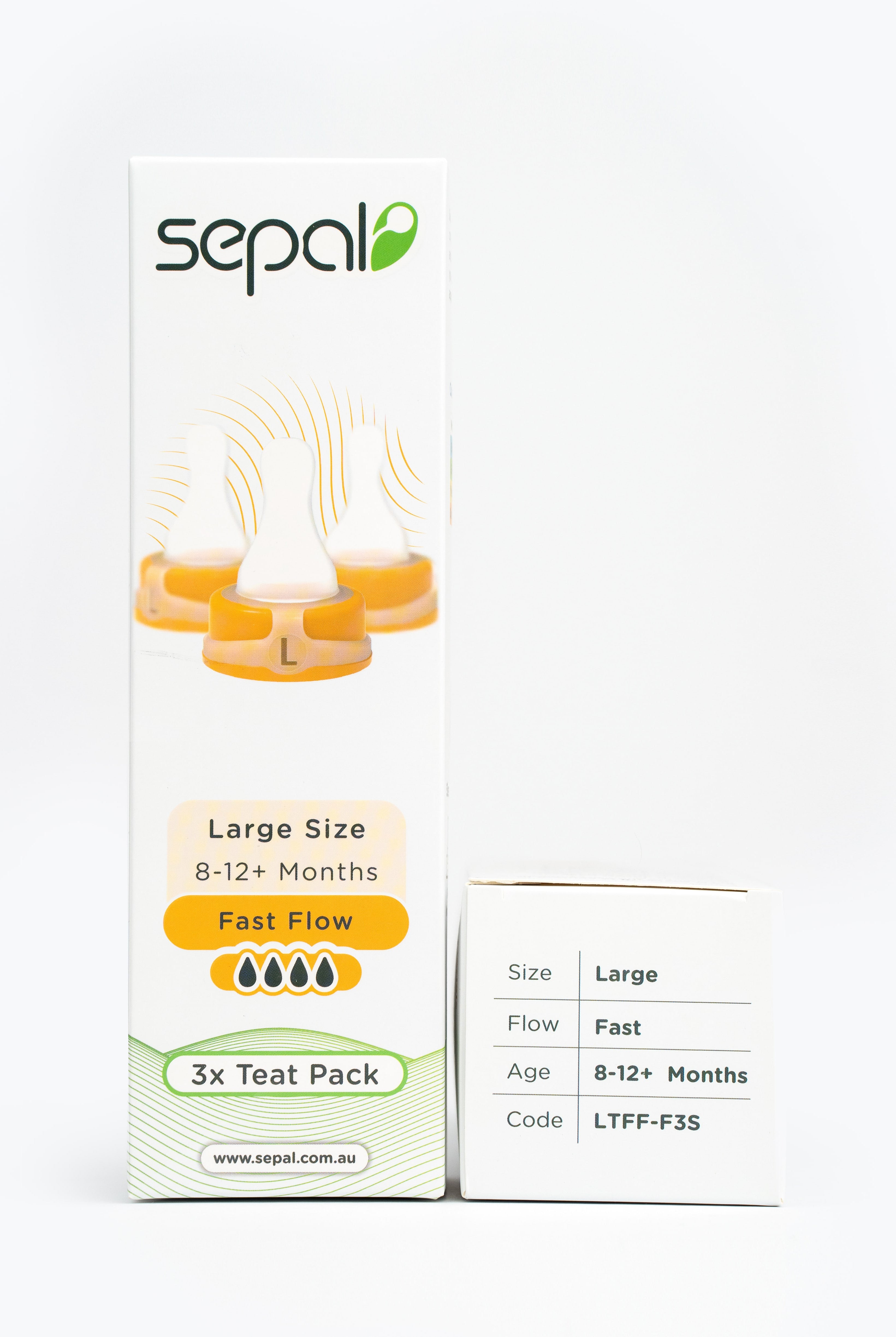 Sepal retail box for 3 teat pack large teat fast flow. Size, flow, age & code displayed for easy reference.