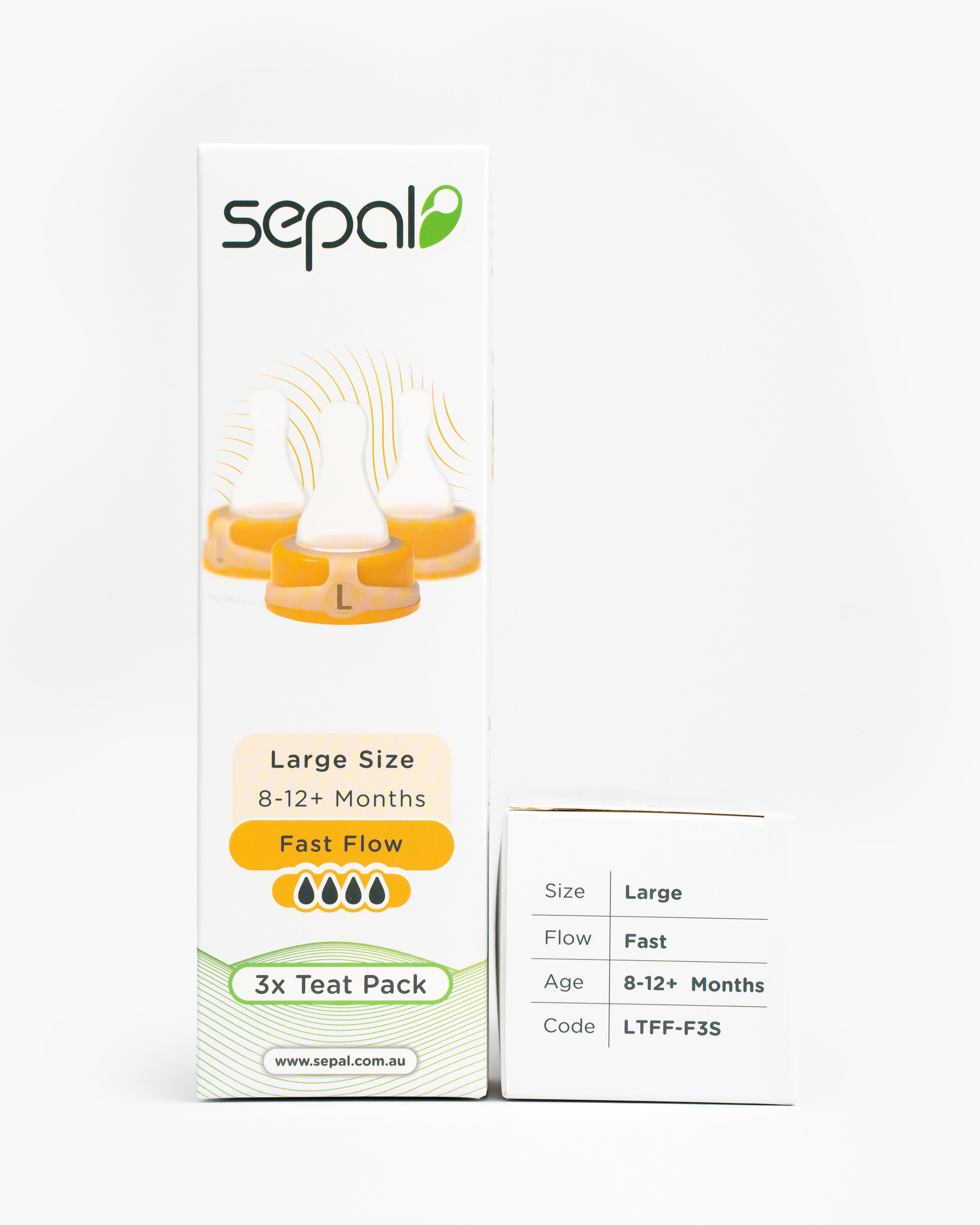 Sepal retail box for 3 teat pack large teat fast flow. Size, flow, age & code displayed for easy reference.