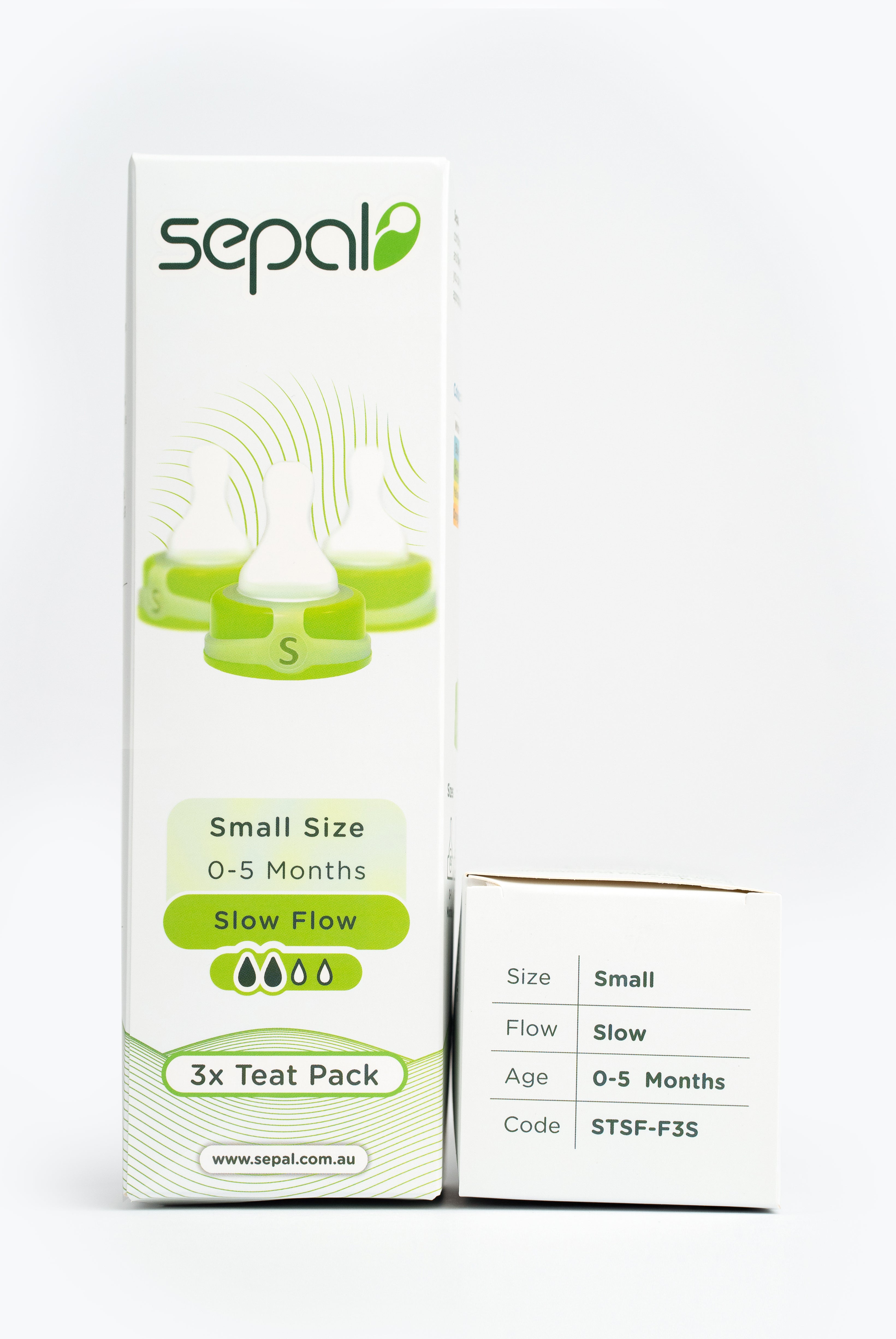 Sepal retail box for 3 pack green small teat slow flow. Size, flow, age & code displayed for easy reference.