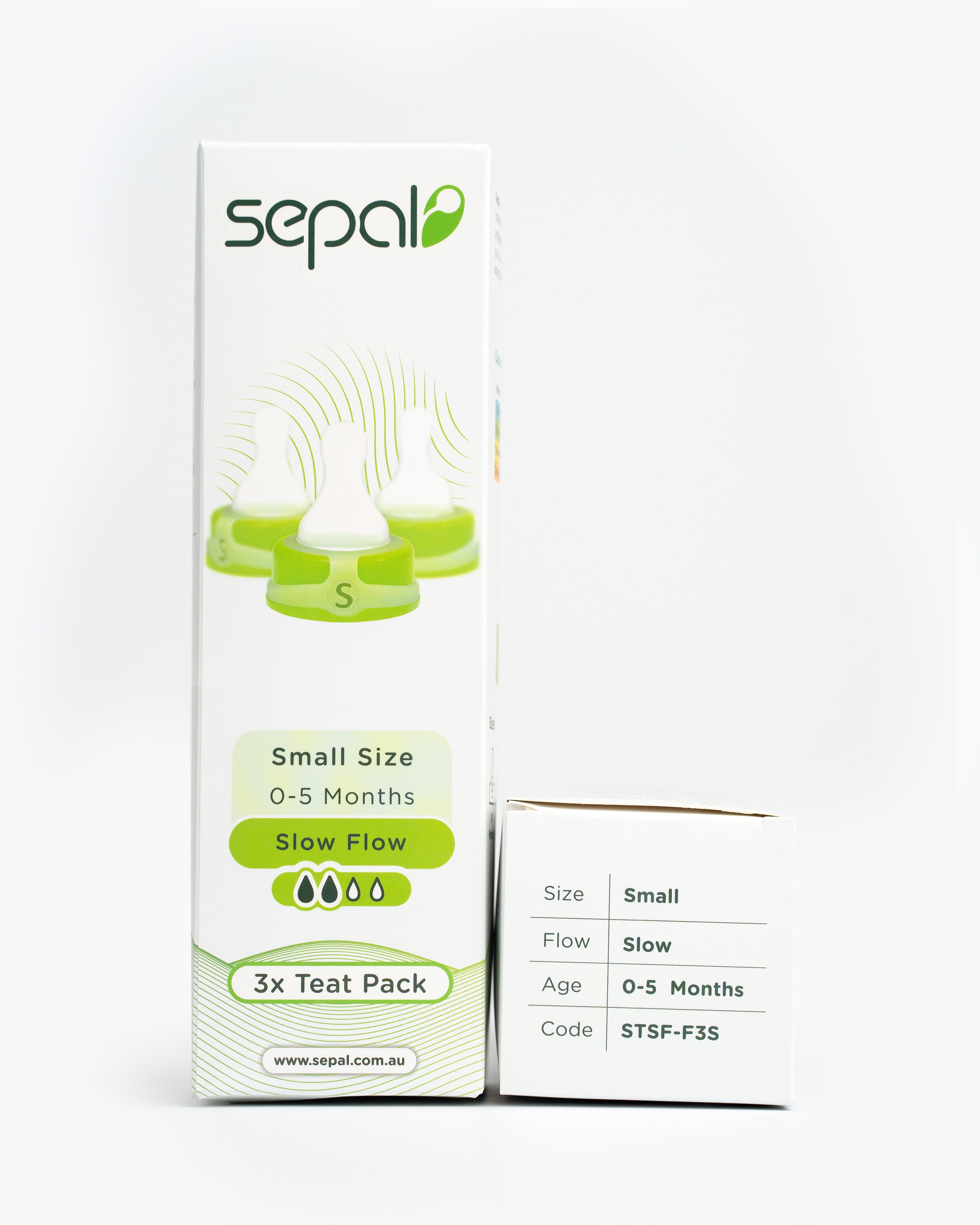 Sepal retail box for 3 pack green small teat slow flow. Size, flow, age & code displayed for easy reference.
