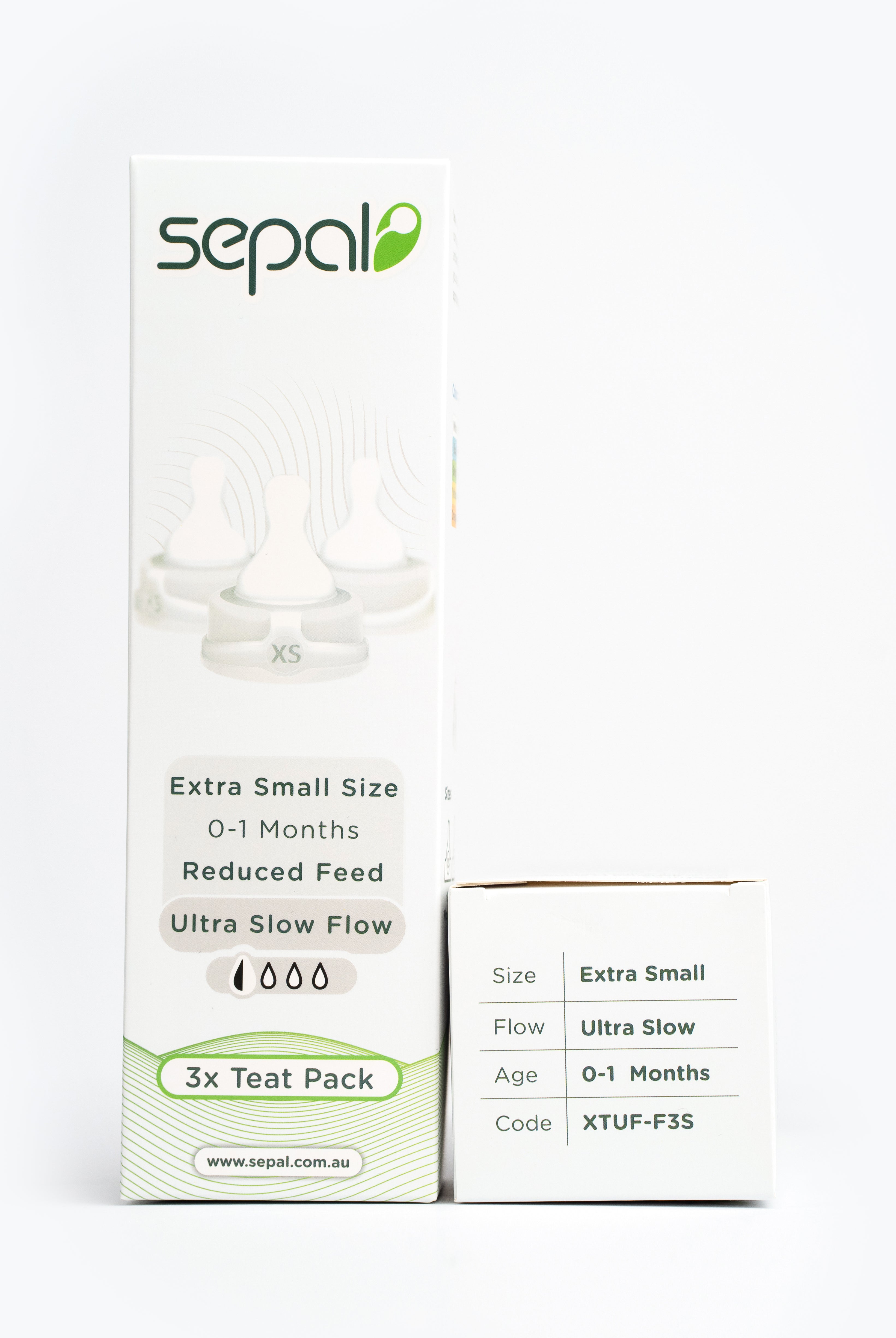 Sepal retail box for 3 pack white extra small ultra slow flow teat. Size, flow, age & code all displayed for easy reference.